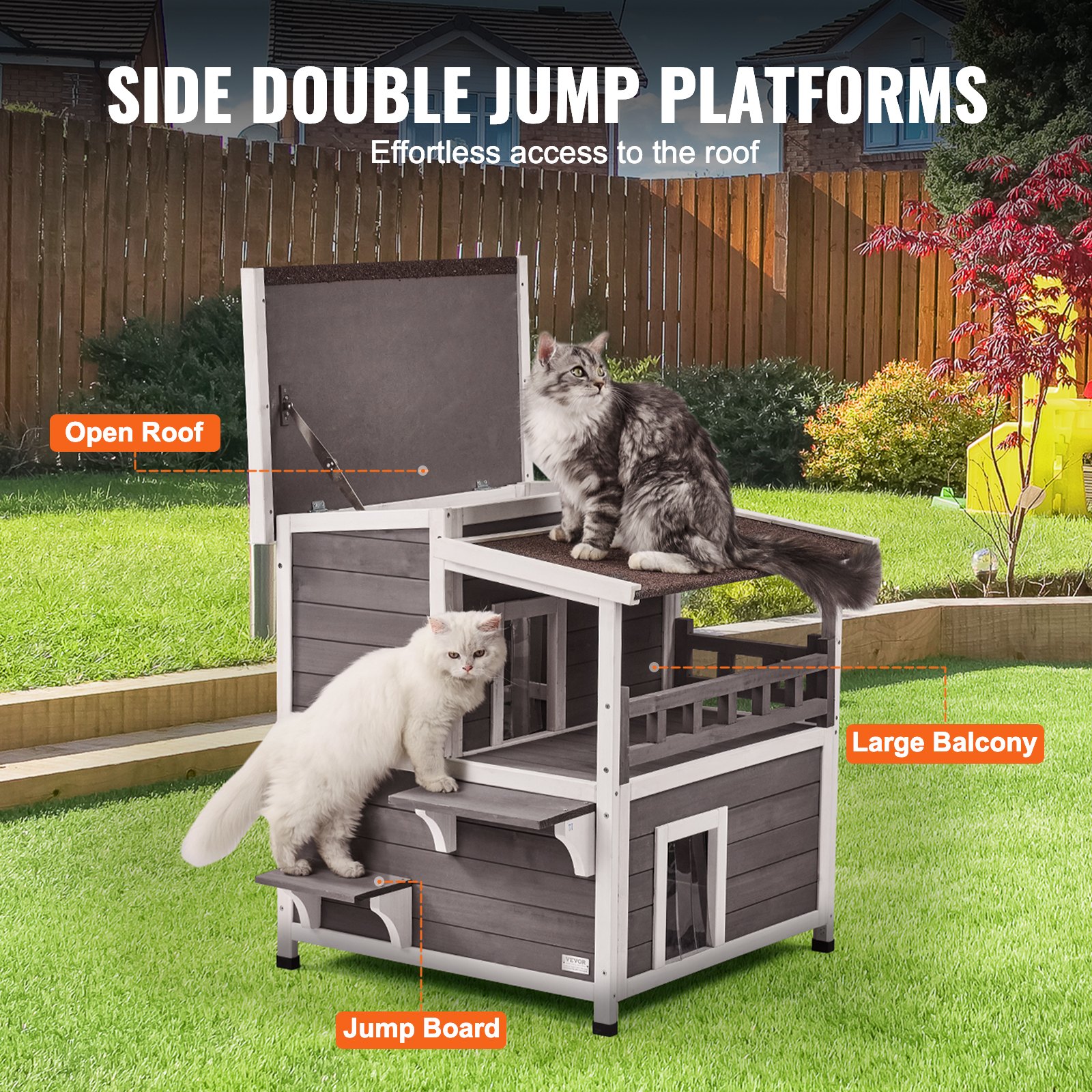 VEVOR Buitenkattenhuis, weerbestendig schuilhok voor wilde katten voor meerdere katten, groot houten buitenkattenhuis met twee verdiepingen, balkon, deuren, PVC-deurkleppen en open dak, 76 cm L x 76 cm B x 81 cm H