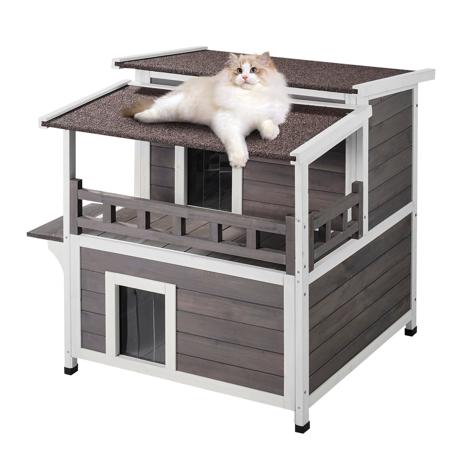 VEVOR Buitenkattenhuis, weerbestendig schuilhok voor wilde katten voor meerdere katten, groot houten buitenkattenhuis met twee verdiepingen, balkon, deuren, PVC-deurkleppen en open dak, 76 cm L x 76 cm B x 81 cm H