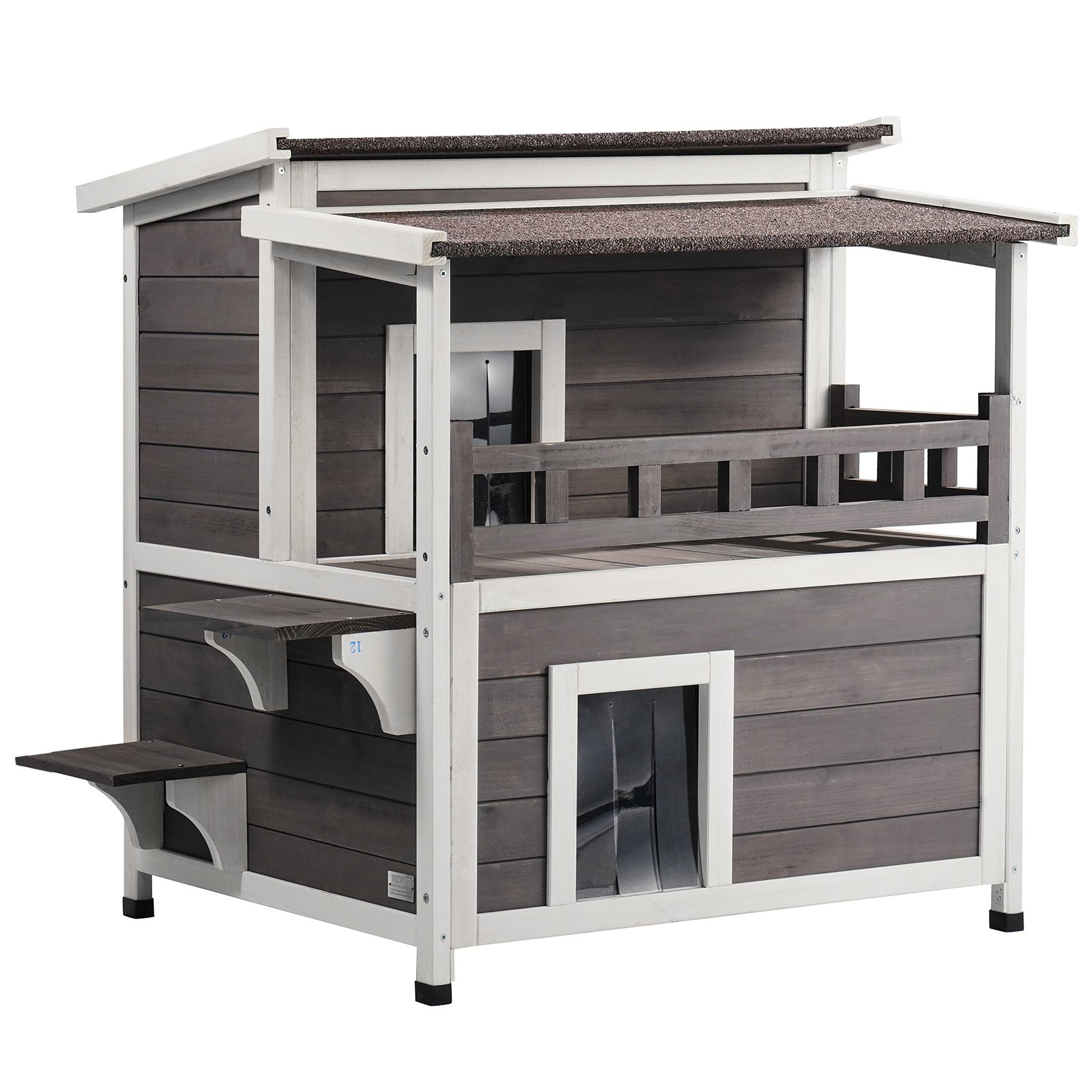 VEVOR Buitenkattenhuis, weerbestendig schuilhok voor wilde katten voor meerdere katten, groot houten buitenkattenhuis met twee verdiepingen, balkon, deuren, PVC-deurkleppen en open dak, 76 cm L x 76 cm B x 81 cm H