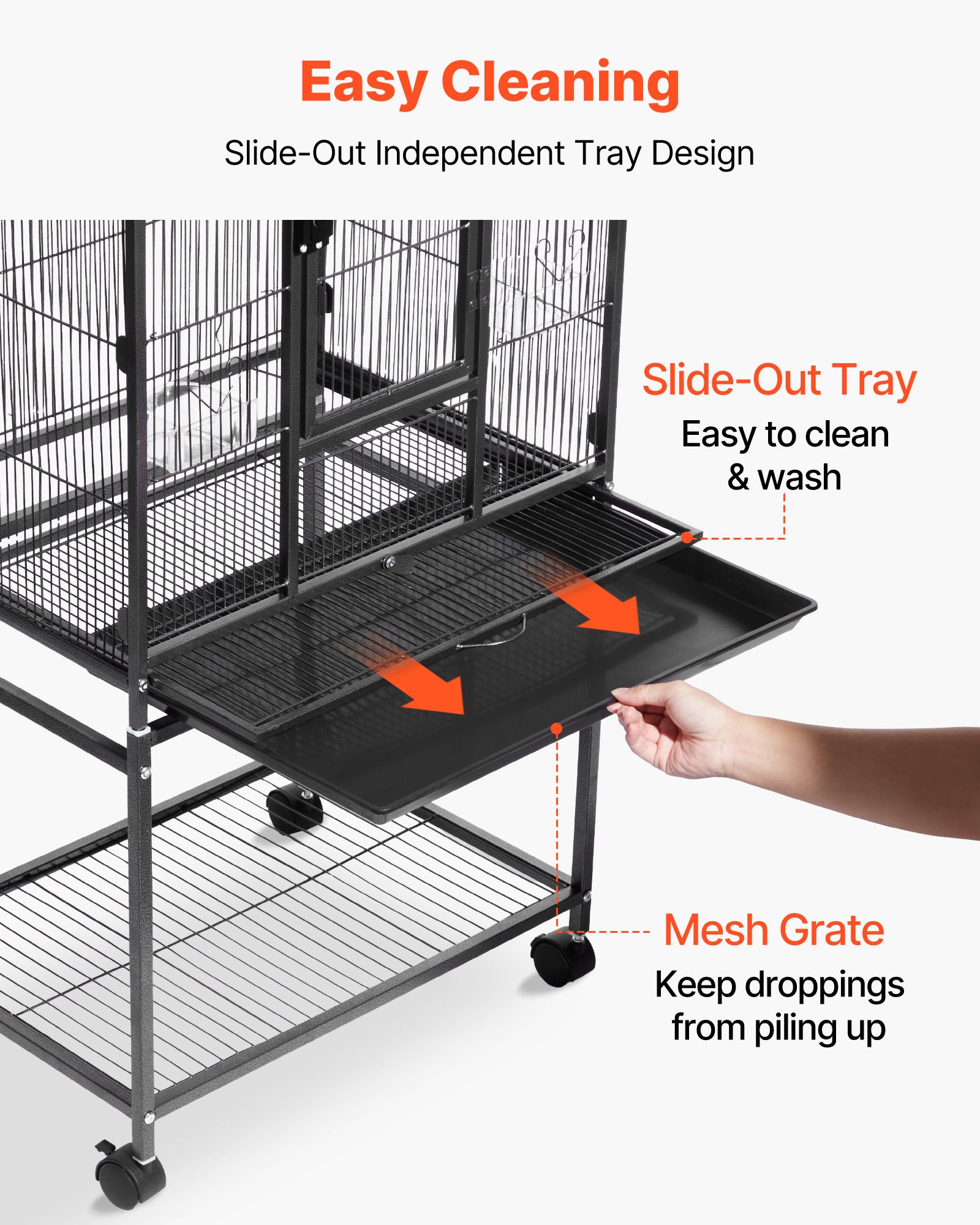 VEVOR Vogelkooi, 625x425x1370 mm, smeedijzeren volière met zitstokken, lade en plastic voerbakjes, wielen, vogelhuisje voor papegaaien, koolmezen, valkparkieten en kanaries