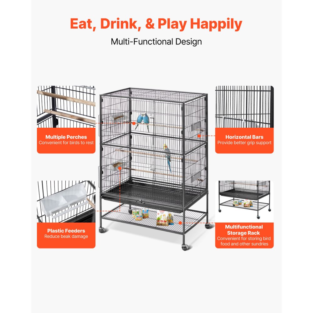 VEVOR Vogelkooi, 800x520x1320 mm, smeedijzeren volière met zitstokken, lade en plastic voerbakjes, wielen, vogelhuisje voor papegaaien, koolmezen, valkparkieten en kanaries