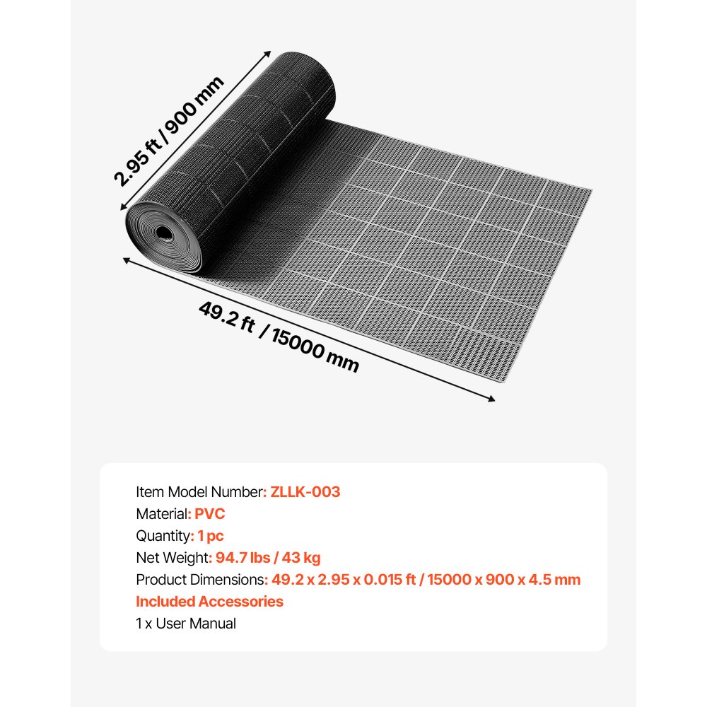 VEVOR PVC-afvoermat (0,9 m x 15 m), antislip PVC-vloermat, spatbeschermingsmat voor natte ruimtes, holle matrol, antislipmat voor zwembaden, terrassen, badkamers en toiletten, zwart