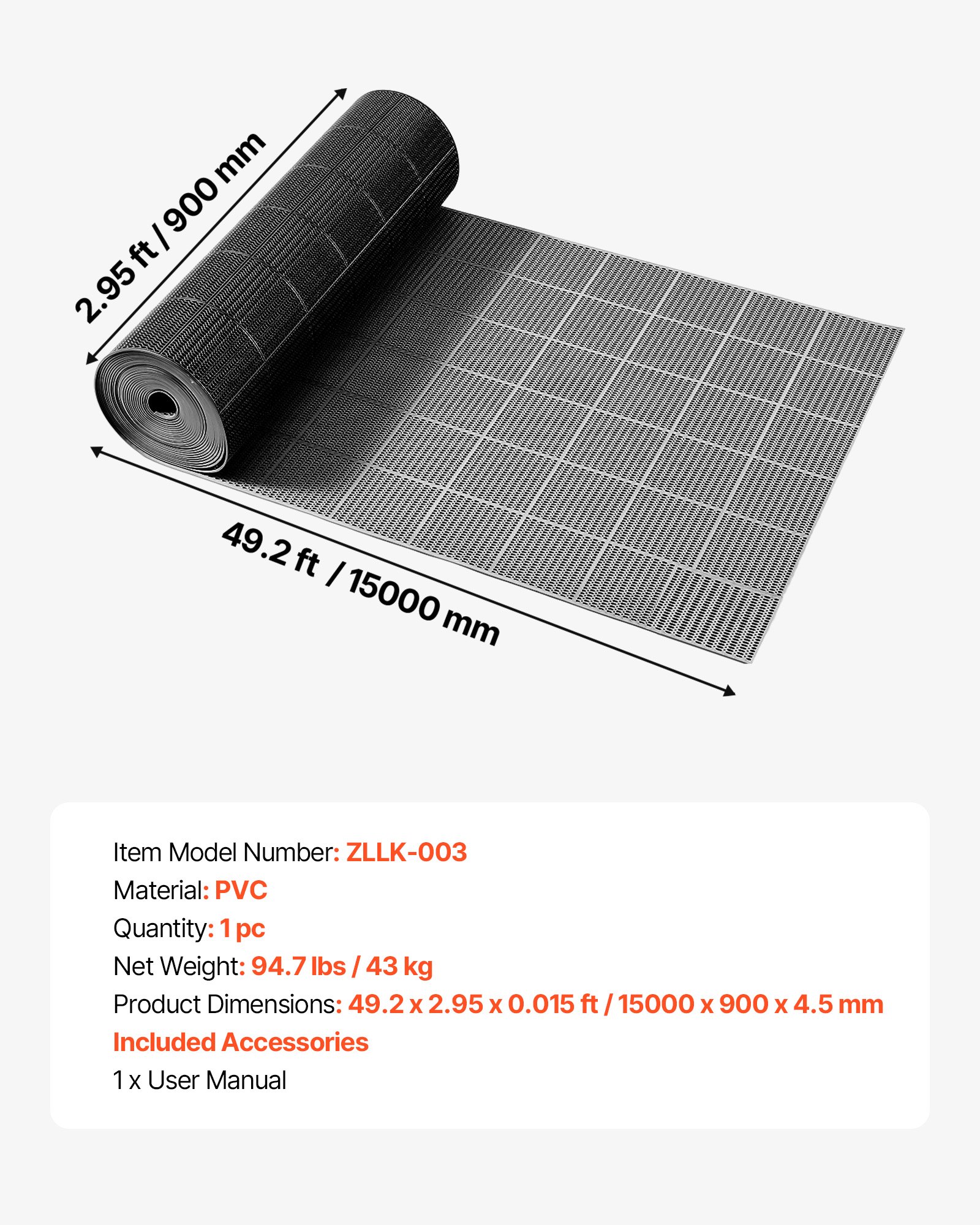 VEVOR PVC-afvoermat (0,9 m x 15 m), antislip PVC-vloermat, spatbeschermingsmat voor natte ruimtes, holle matrol, antislipmat voor zwembaden, terrassen, badkamers en toiletten, zwart