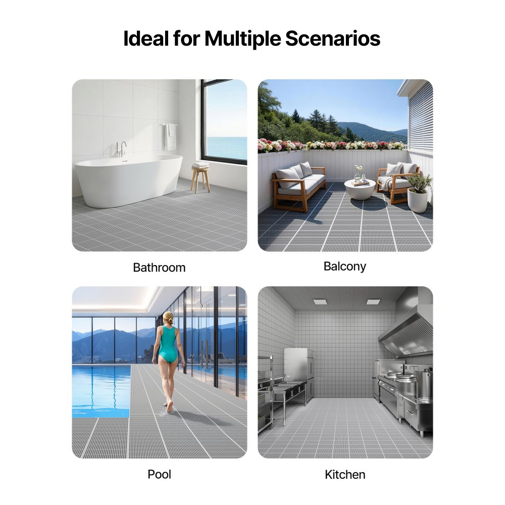 VEVOR Drainage Mat, 3 x 50 ft, PVC Non Slip Commercial Floor Mat, Wet Area Water Drain Splash Matting Hollow Doormat Roll, for Outdoor Indoor Restaurant Swimming Pool Patio Bathroom Washroom, Gray