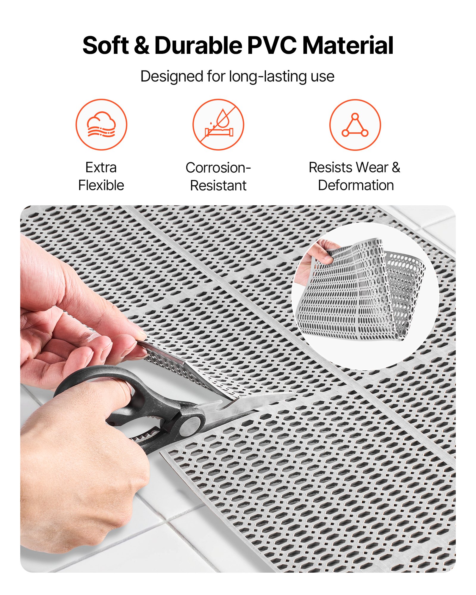 VEVOR Drainage Mat, 3 x 50 ft, PVC Non Slip Commercial Floor Mat, Wet Area Water Drain Splash Matting Hollow Doormat Roll, for Outdoor Indoor Restaurant Swimming Pool Patio Bathroom Washroom, Gray