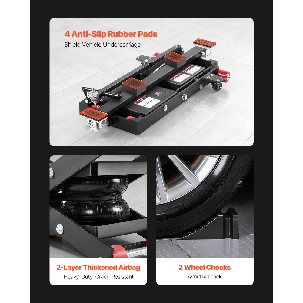 VEVOR Air draagbaar hefplatform, 3 ton hefvermogen, maximale hefhoogte 55 cm, verstelbare draagbare luchtlift met airbag, steunpoten, wielkeggen en rubberen pads, robuust voor sedans, SUV's en pick-ups.