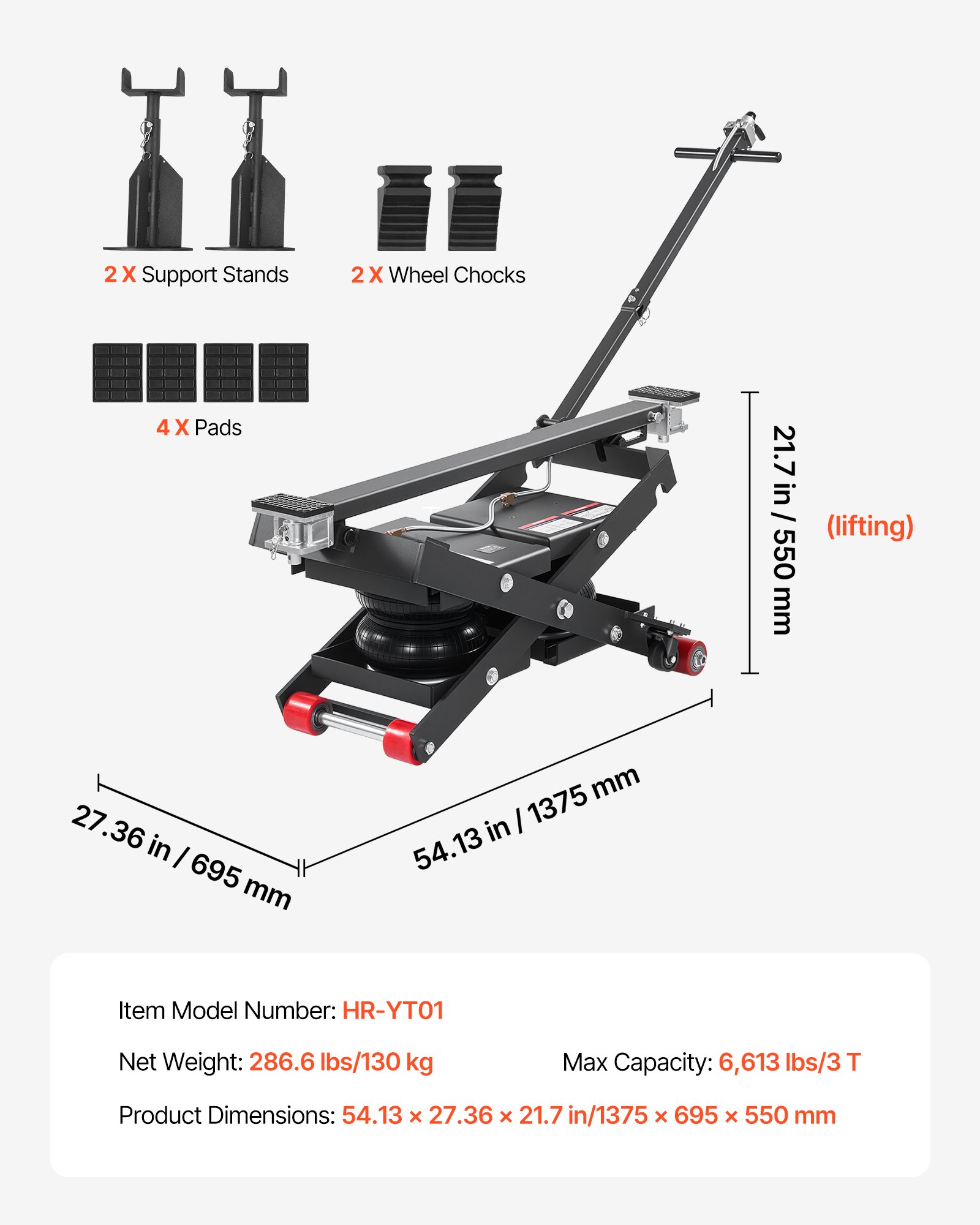 VEVOR Air draagbaar hefplatform, 3 ton hefvermogen, maximale hefhoogte 55 cm, verstelbare draagbare luchtlift met airbag, steunpoten, wielkeggen en rubberen pads, robuust voor sedans, SUV's en pick-ups.
