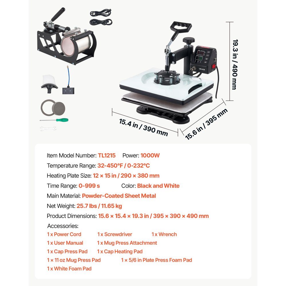 VEVOR Transferpers 29x38cm 5-in-1 Sublimatiemachine 1000W Hete Pers, Snelle & Gelijkmatige Verwarming, Digitale Tijd- & Temperatuurregeling, voor T-shirts, Mokken, Kopjes, Petten, Borden