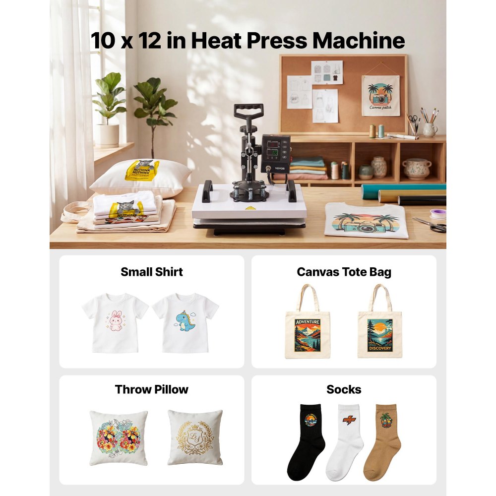 VEVOR Transferpers 30x23cm Sublimatiemachine 700W Textielpers, met zwenkarm Snelle en gelijkmatige verwarming Tijd- en temperatuurregeling T-shirts Stoffen tassen Kussenslopen Sokken