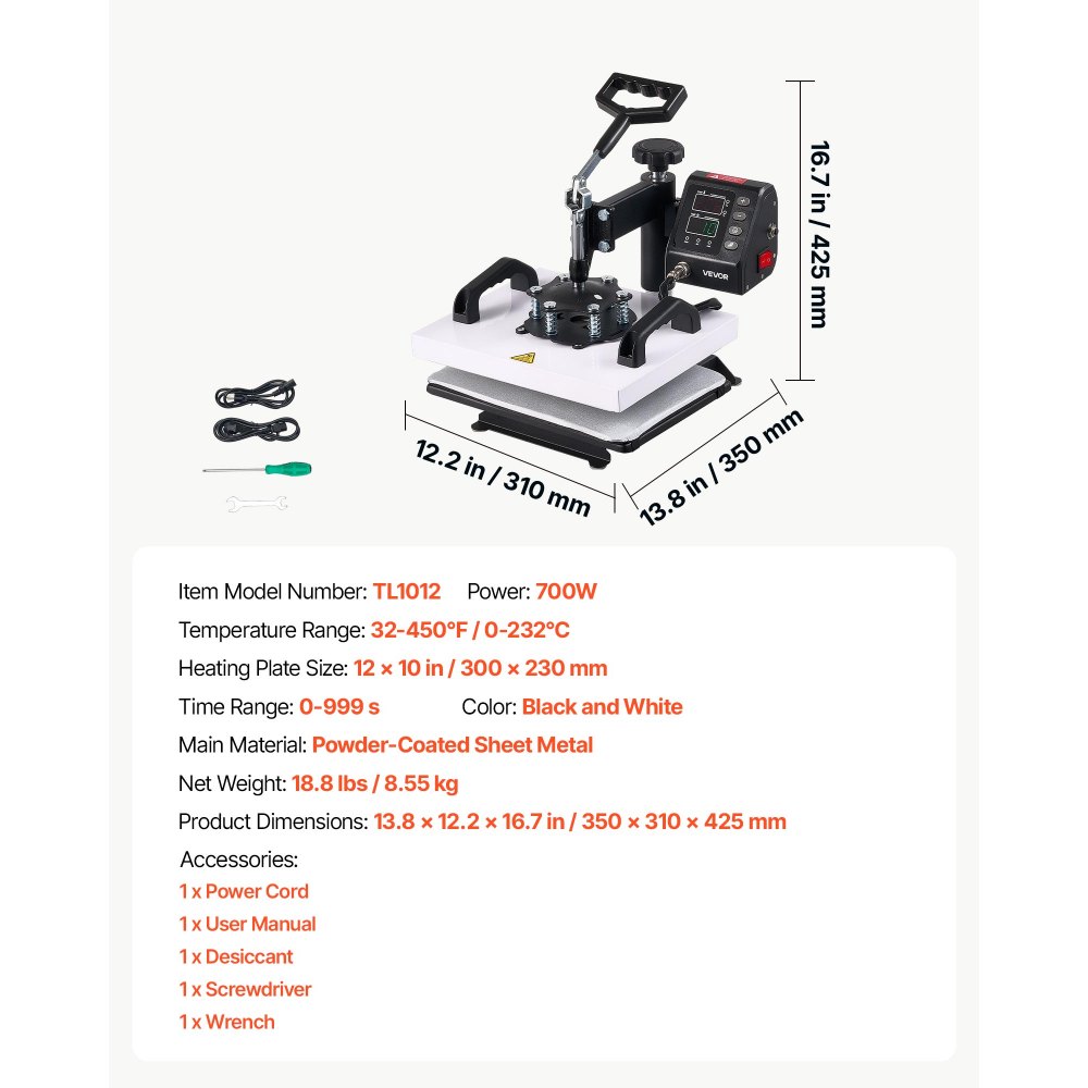 VEVOR Transferpers 30x23cm Sublimatiemachine 700W Textielpers, met zwenkarm Snelle en gelijkmatige verwarming Tijd- en temperatuurregeling T-shirts Stoffen tassen Kussenslopen Sokken
