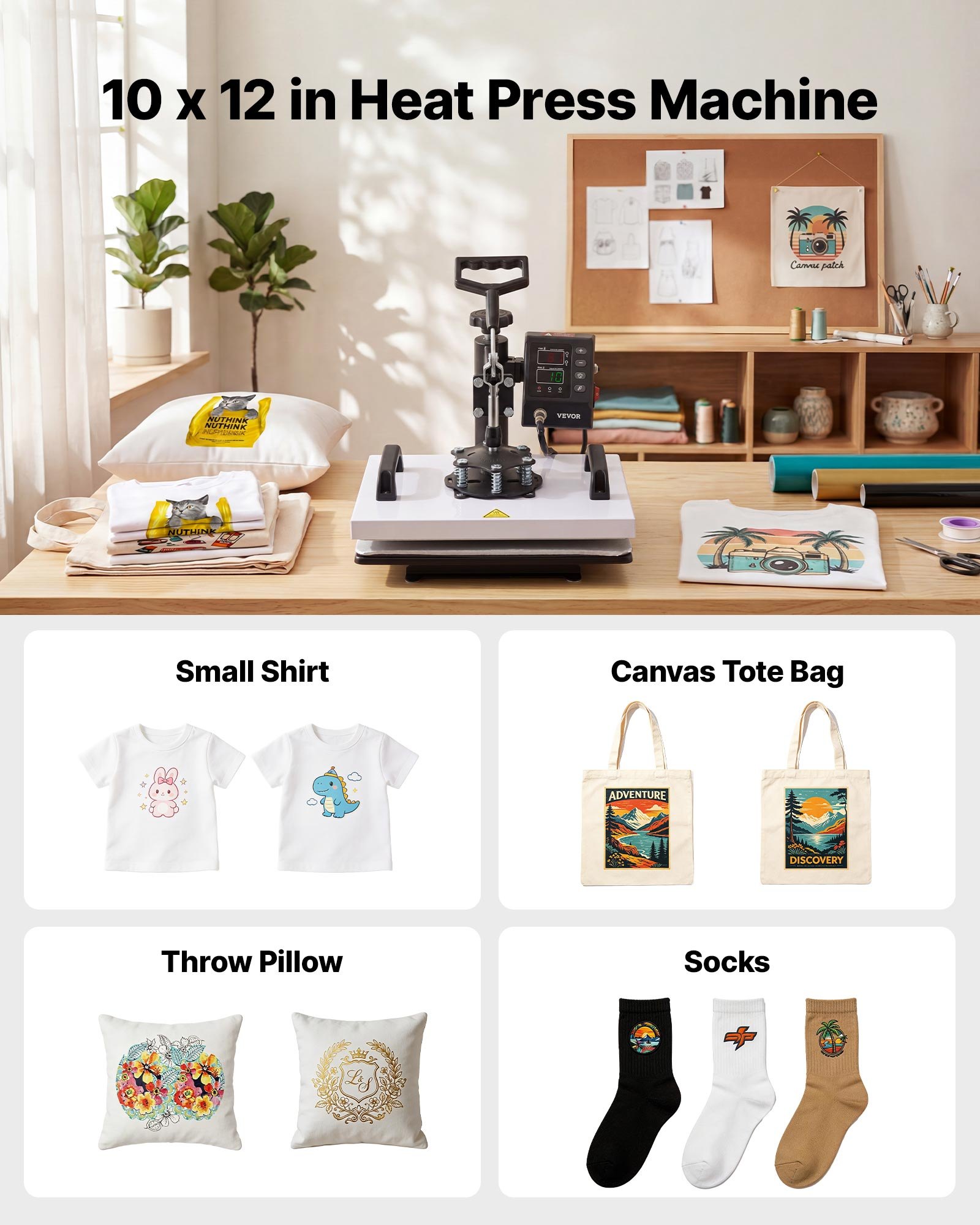 VEVOR Transferpers 30x23cm Sublimatiemachine 700W Textielpers, met zwenkarm Snelle en gelijkmatige verwarming Tijd- en temperatuurregeling T-shirts Stoffen tassen Kussenslopen Sokken