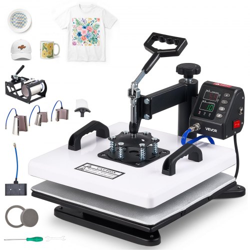 VEVOR Transferpers 38x38cm 8-in-1 Sublimatiemachine 1250W Textielpers, 360° Draaifunctie, Snelle & Gelijkmatige Verwarming, Tijd- & Temperatuurregeling, T-shirts, Mokken, Kopjes, Petten, Borden