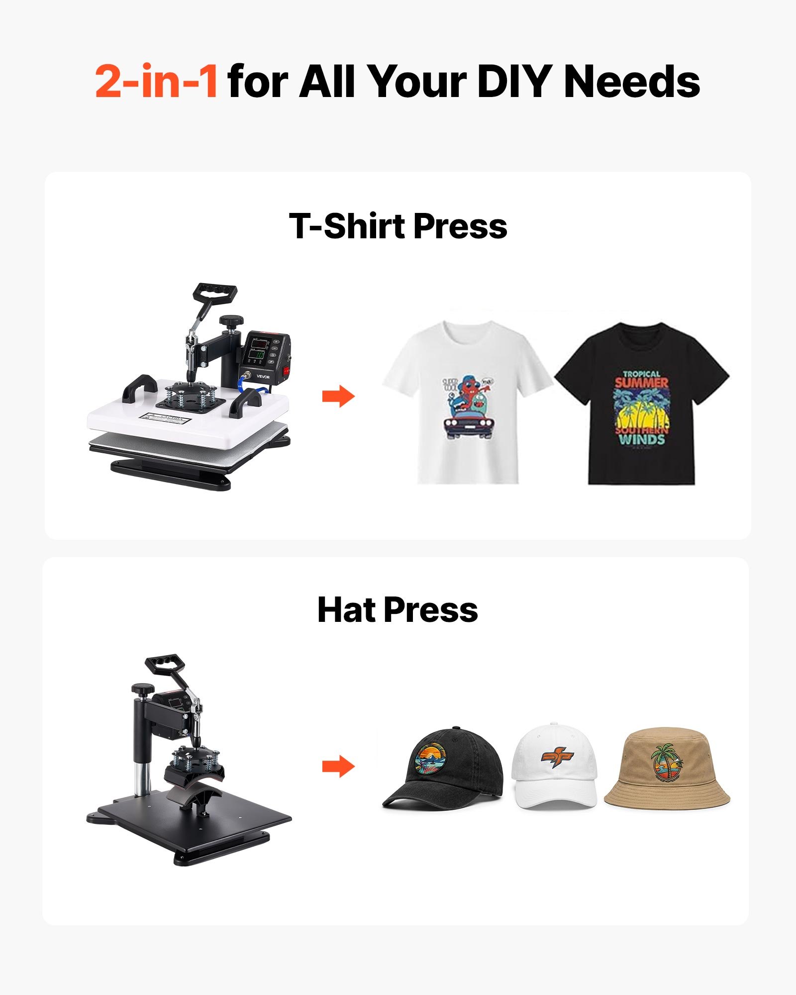 VEVOR Transferpers 38x38cm Sublimatiemachine 2-in-1 Textielpers 1250W, 360° Draaifunctie Snelle & Gelijkmatige Verwarming Tijd & Temperatuurregeling T-shirts Kussenslopen Hoeden