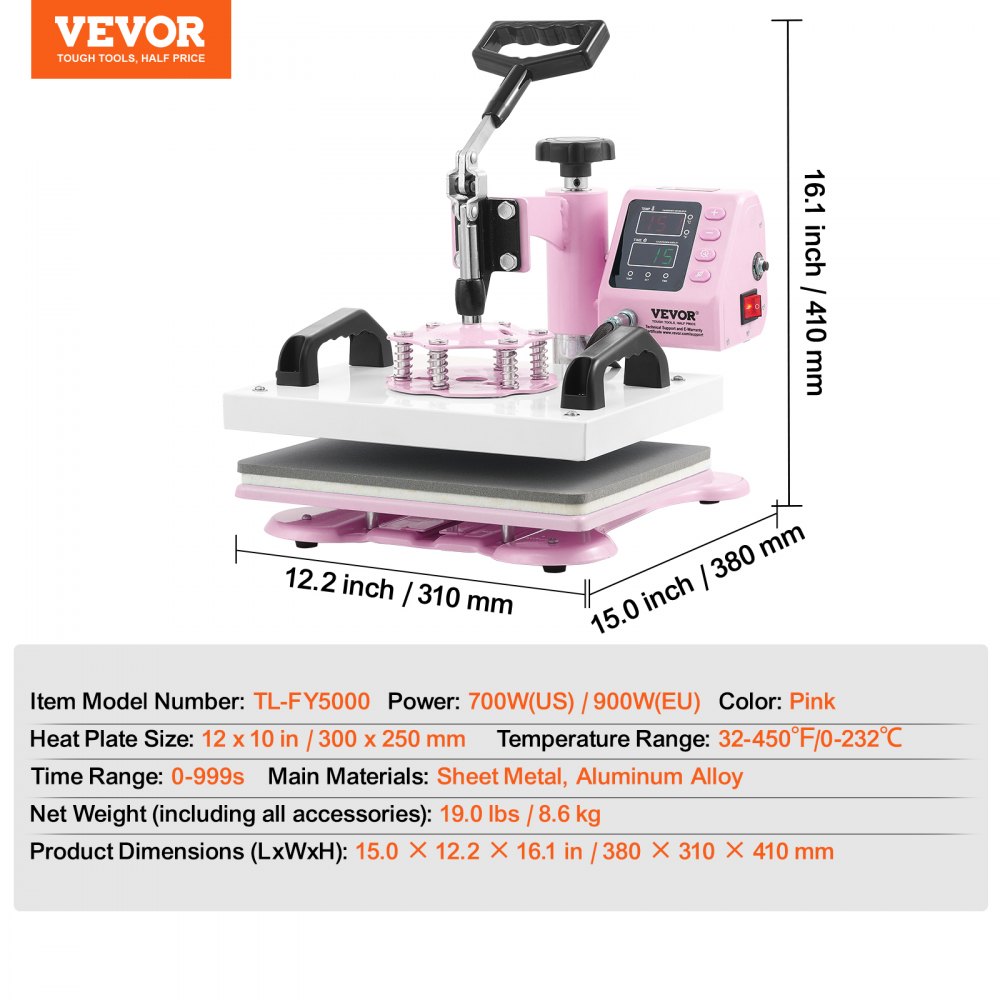 VEVOR Heat Press, 12 x 10 inch Heat Press, 360° draaibare T-shirtpersmachine, snelle en gelijkmatige verwarming, digitale nauwkeurige regeling, warmteoverdrachtsmachine voor T-shirts/kussens/tassen, roze