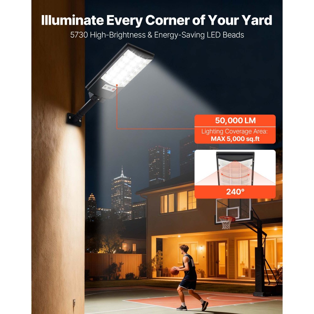 VEVOR Solar Straatverlichting 50000 LM, 500 W Straatlantaarn, Solar Verlichting met Schemersensor, LED Schijnwerper met Bewegingsmelder, IP65 Waterdichte Buitenverlichting voor Oprit & Tuin, 4-pack