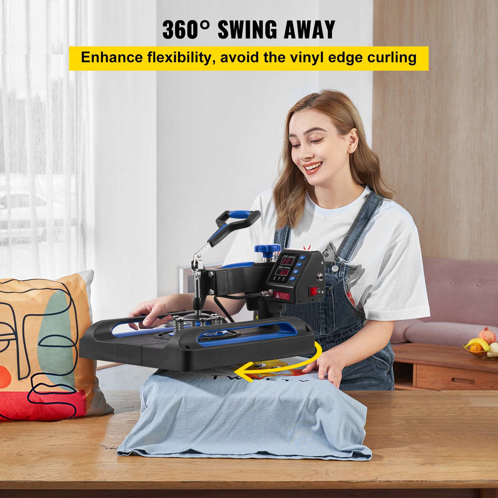 VEVOR Heat Press, 15 x 15 inch snel verwarmend, 360° draaibare digitale sublimatie T-shirt vinyl transferprinter met anti-verbrandingsoppervlak, canvas tas, banner, kussen, blauw