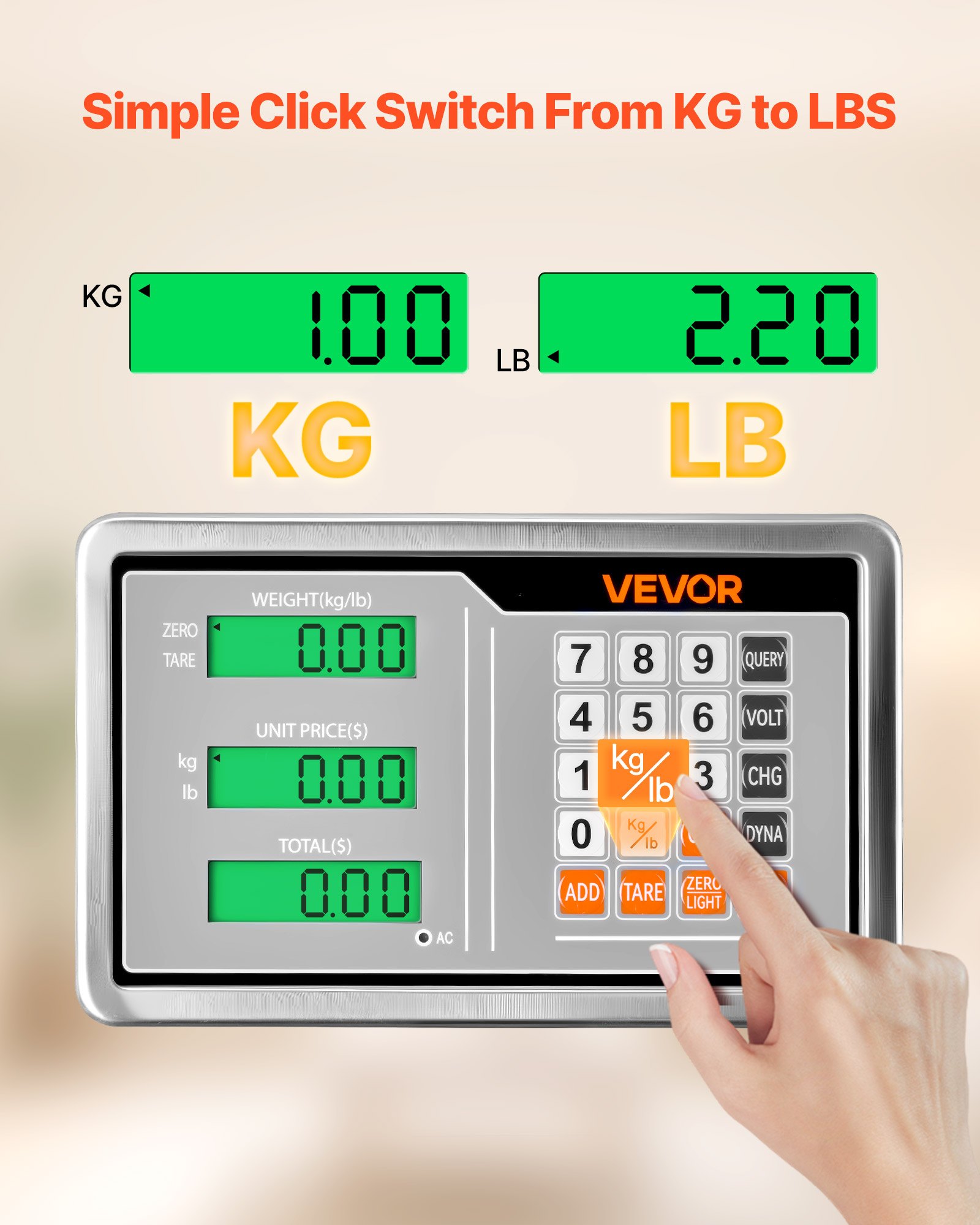 VEVOR digitale platformweegschaal, 300 kg capaciteit, hoge nauwkeurigheid van 50 g, elektronische vloerweegschaal met weergave in ponden en kilogrammen, tarrafunctie, prijsberekening, AC/DC-voeding, geschikt voor bagage, verzending, pakketten en post.