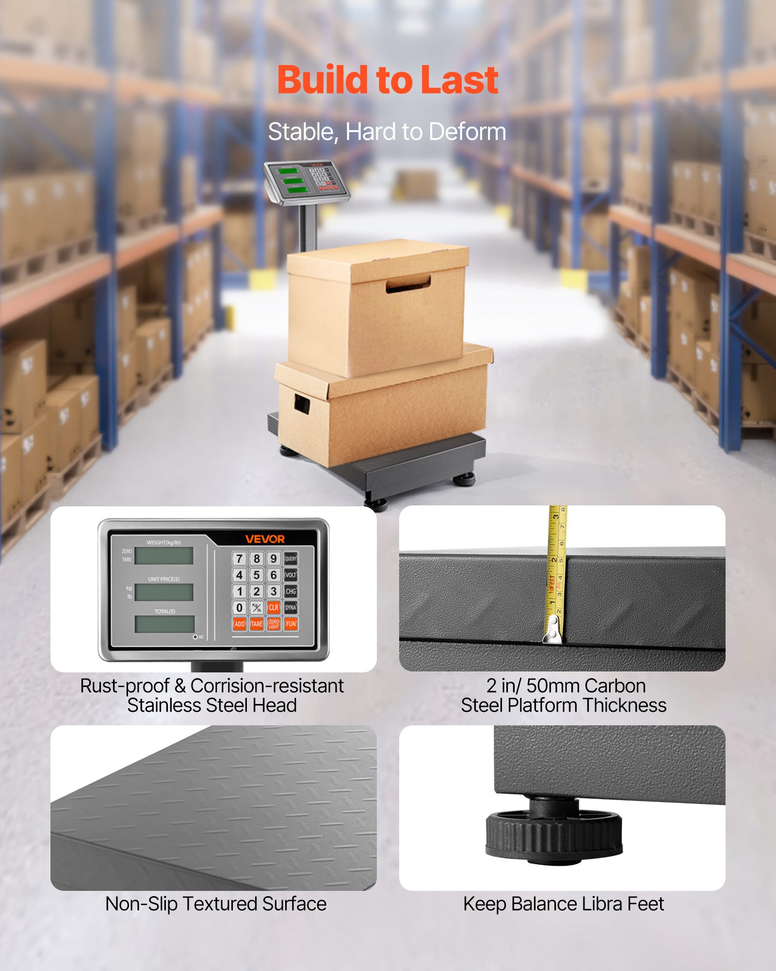 VEVOR digitale platformweegschaal, 300 kg capaciteit, hoge nauwkeurigheid van 50 g, elektronische vloerweegschaal met weergave in ponden en kilogrammen, tarrafunctie, prijsberekening, AC/DC-voeding, geschikt voor bagage, verzending, pakketten en post.