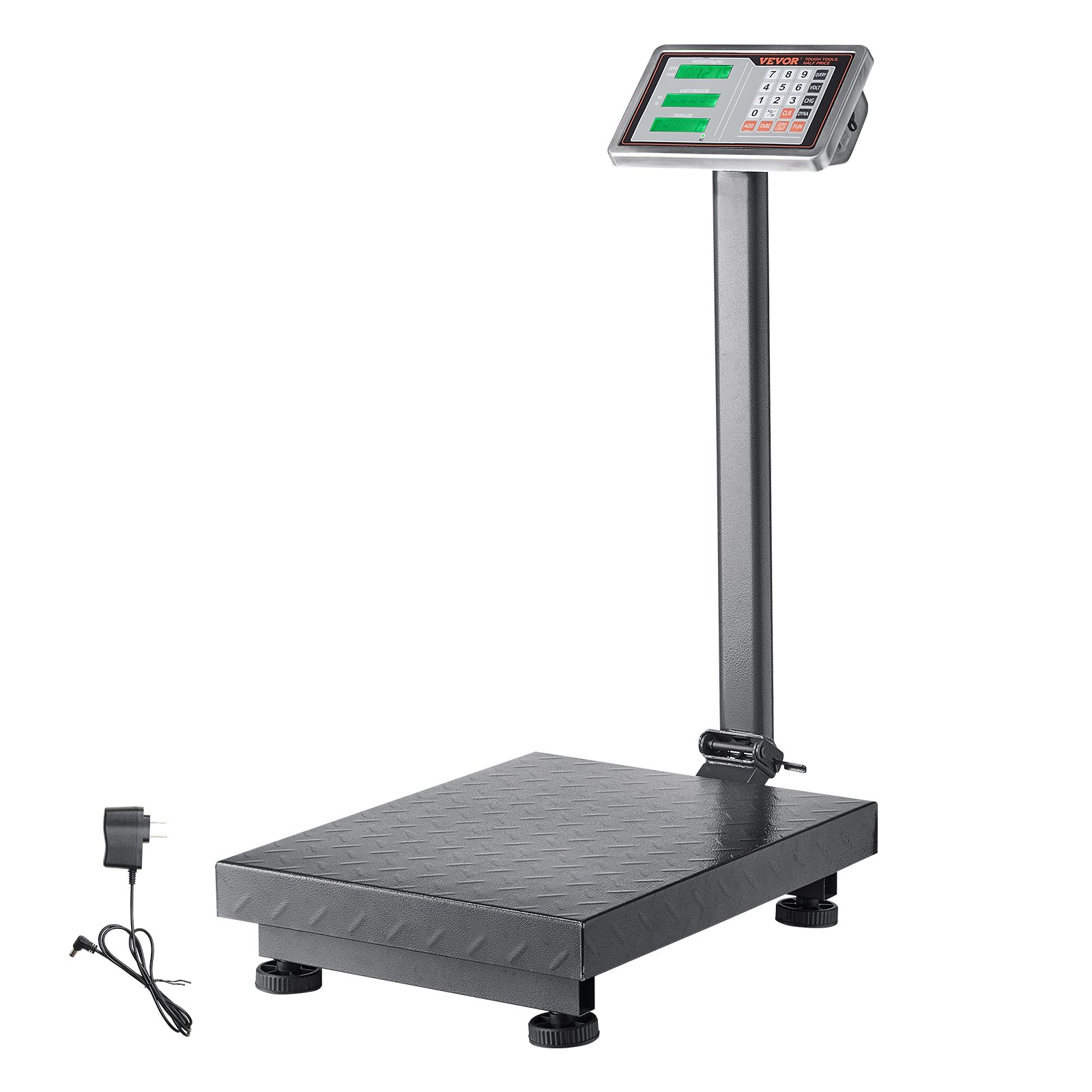 VEVOR digitale platformweegschaal, 300 kg capaciteit, hoge nauwkeurigheid van 50 g, elektronische vloerweegschaal met weergave in ponden en kilogrammen, tarrafunctie, prijsberekening, AC/DC-voeding, geschikt voor bagage, verzending, pakketten en post.