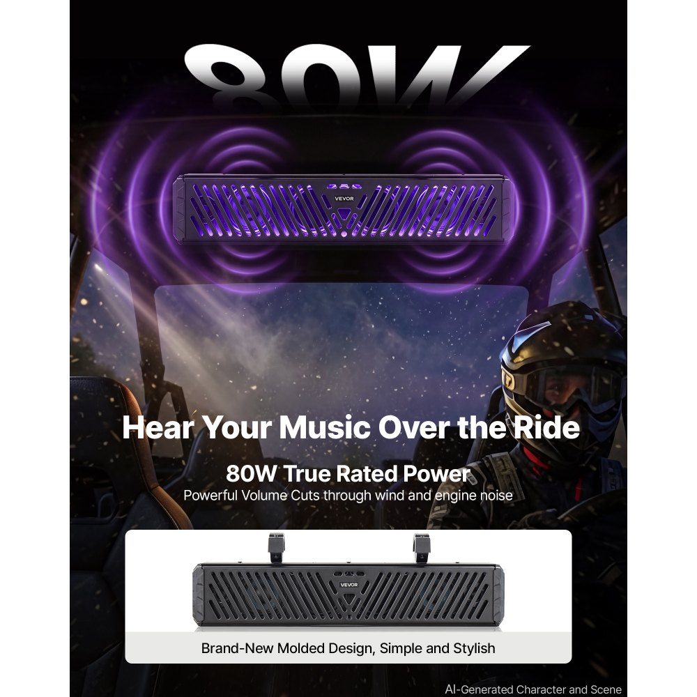 VEVOR UTV Soundbar met 4 luidsprekers + 2 passieve radiatoren van 655 mm voor golfkarretjes, ATV's en boten, ondersteunt Bluetooth, USB, AUX-IN en RF-afstandsbediening, met RGB-verlichting in meerdere kleuren, IP65-beschermingsklasse.