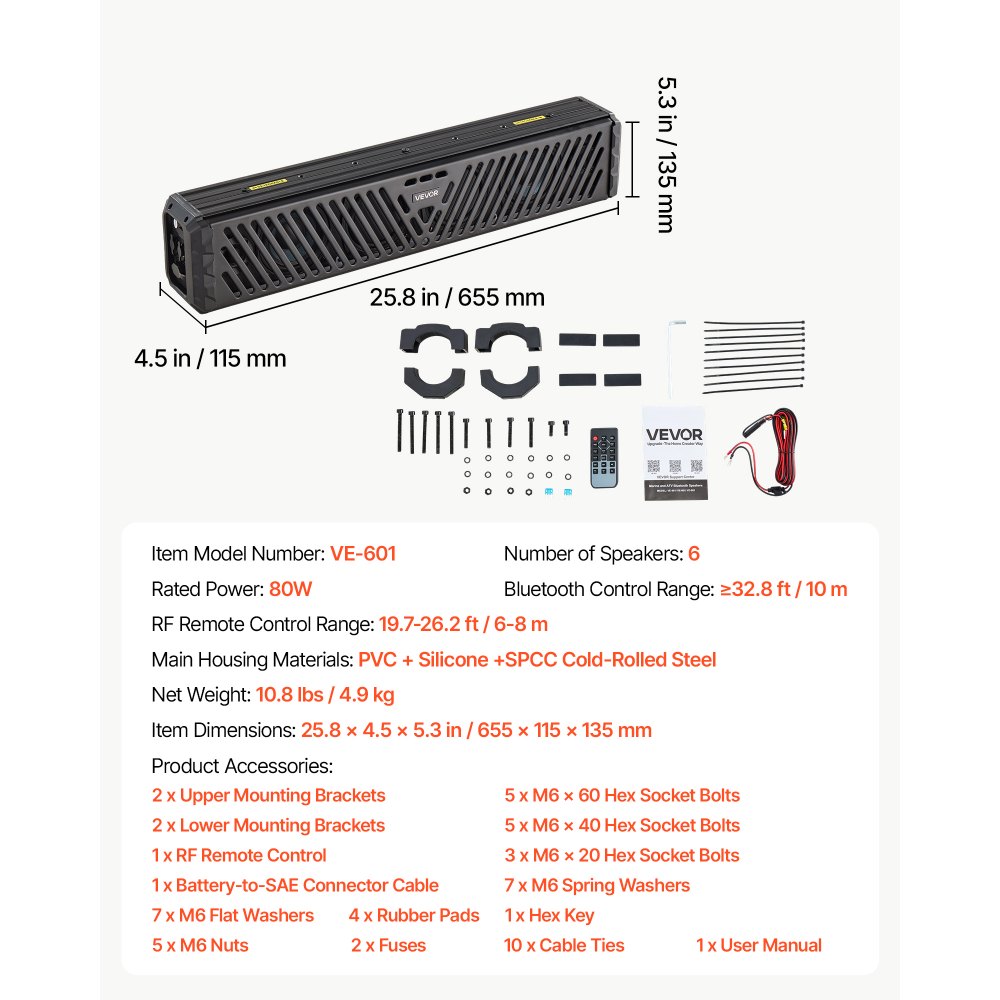 VEVOR UTV Soundbar met 4 luidsprekers + 2 passieve radiatoren van 655 mm voor golfkarretjes, ATV's en boten, ondersteunt Bluetooth, USB, AUX-IN en RF-afstandsbediening, met RGB-verlichting in meerdere kleuren, IP65-beschermingsklasse.