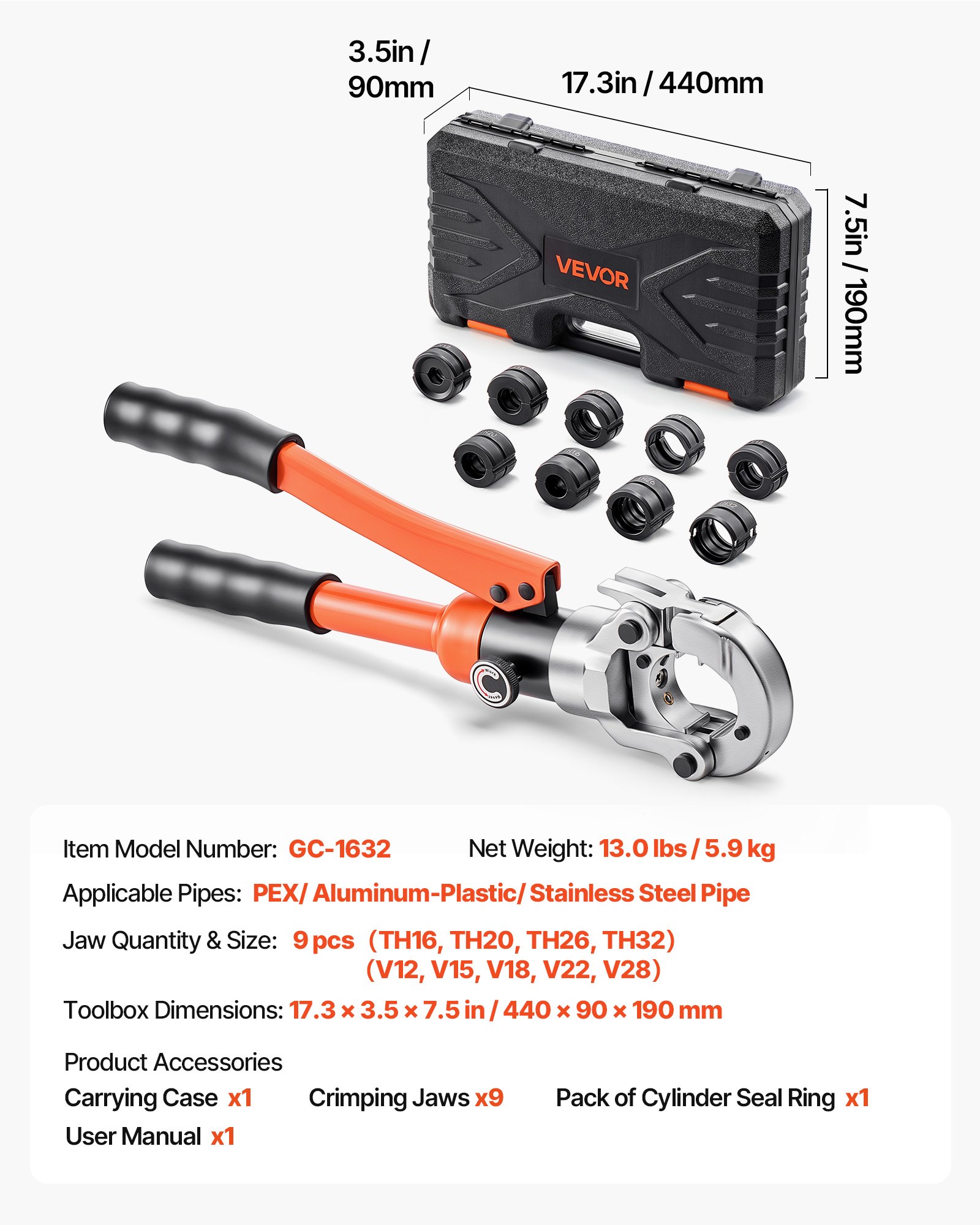 VEVOR Hydraulic Pipe Crimping Tool, Multi-Functional Tube Fittings Crimper with TH16 TH20 TH26 TH32 Jaws for PEX & Aluminum-Plastic Pipes, and V12 V15 V18 V22 V28 Jaws for Stainless Steel Tubes