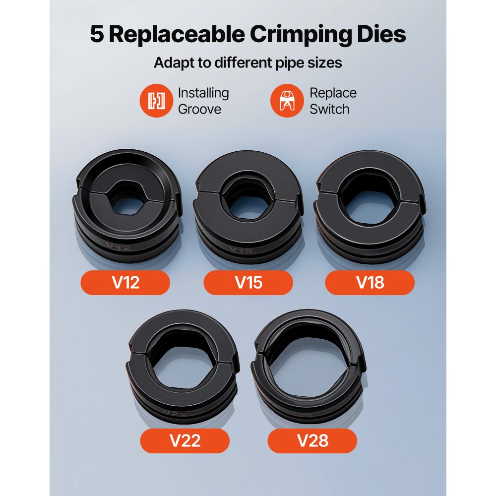VEVOR Hydraulisch V-Contour Persgereedschap, Pijppersgereedschap voor RVS-buizen, Krimptang met bekken V12, V15, V18, V22, V28 & Draagtas, Persgereedschapset voor loodgietersreparaties en -installaties