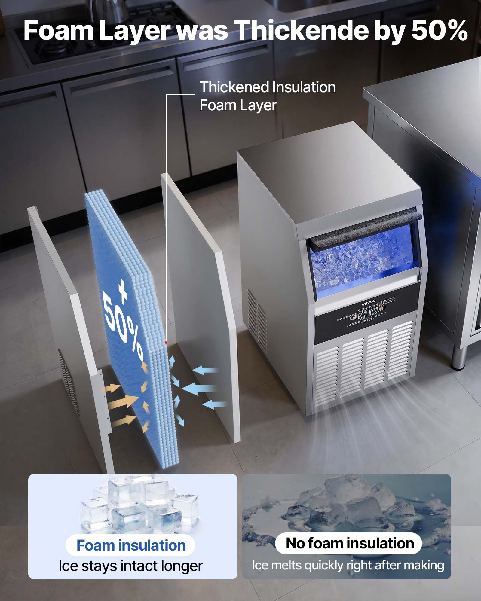 VEVOR Commerciële ijsblokjesmachine, 59 kg ijsblokjes per dag, met een ijsreservoir van 14 kg, vrijstaande roestvrijstalen ijsmachine met led-display en zelfreinigende functie, ideaal voor thuisbars, restaurants en cafés.