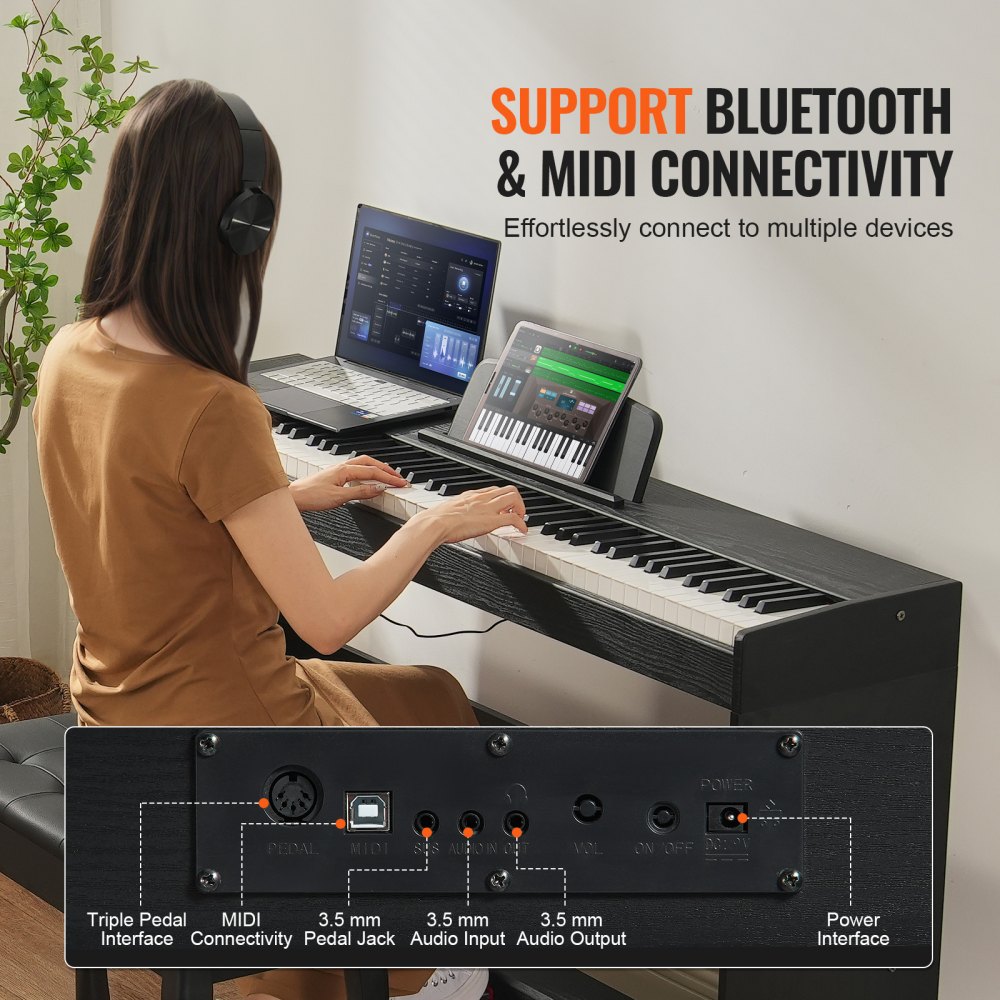 VEVOR Digitale Piano, 88 Toetsen, Elektrische Piano, Dubbel Toetsenbord en Luidspreker, Eenvoudige Bevestiging in Case met Hoofdtelefoon, 200 Tonen en Ritmes, Ondersteunt Bluetooth/USB/MIDI, Voor Beginners