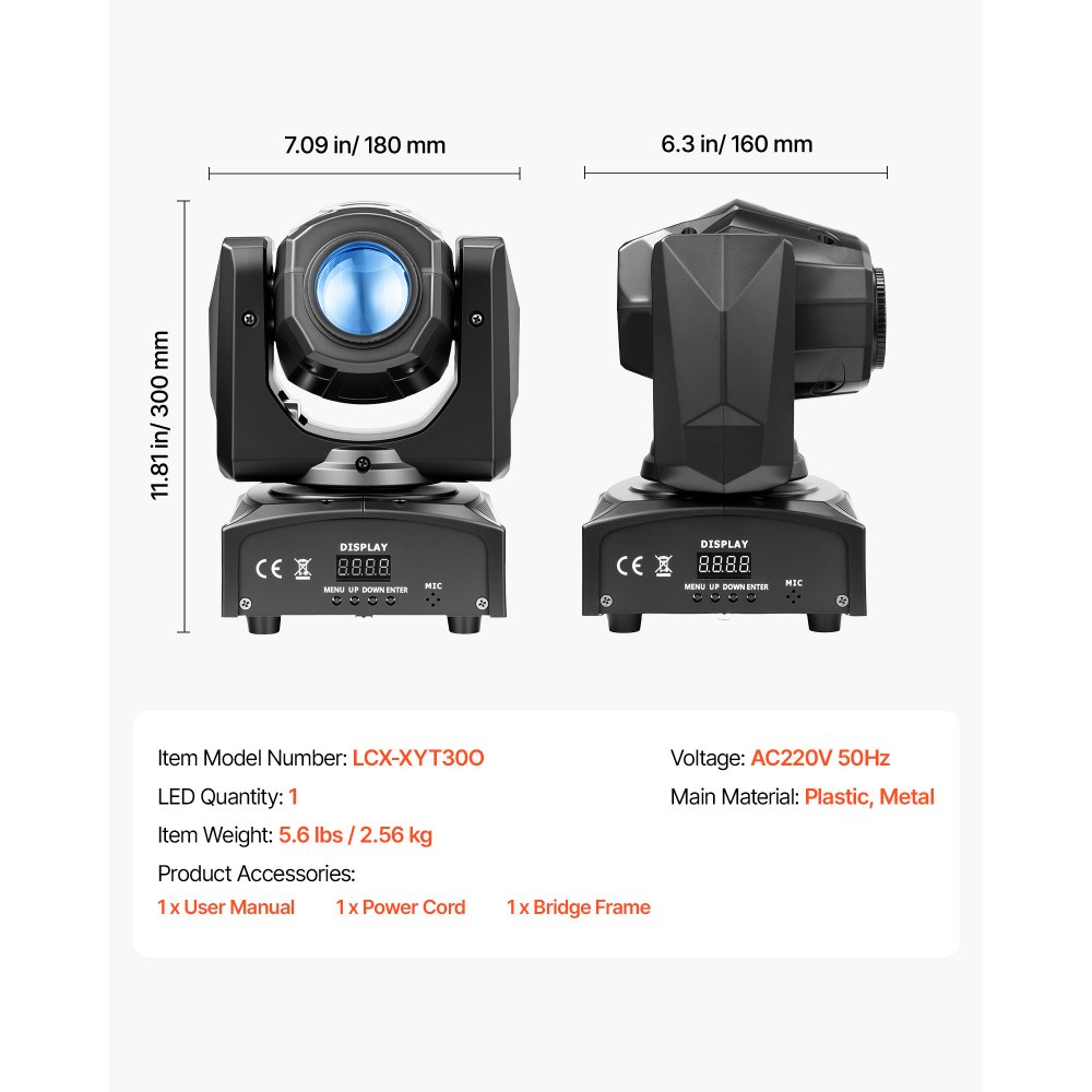 VEVOR Moving Head LED 30W RGB podiumspot met 8 kleuren, zwart, draaibare spot voor feestjes, bruiloften, clubs en podia, stroboscoop discolicht met 8 gobo's, DMX512-besturing en geluidsregeling