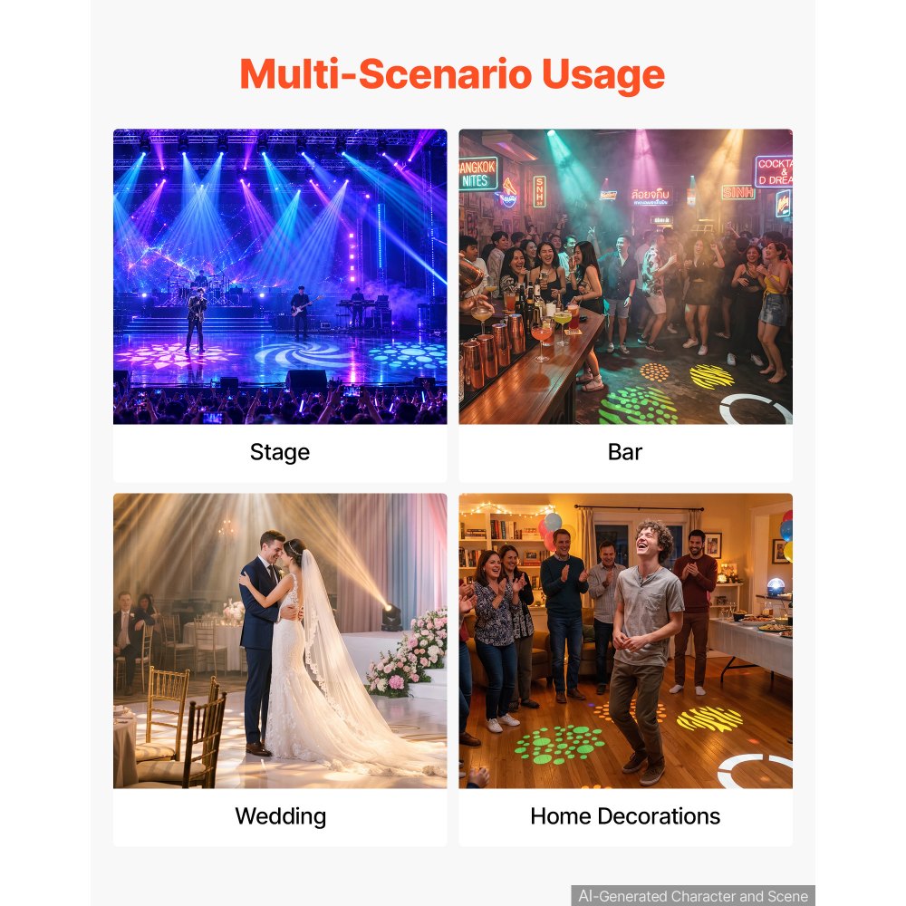 VEVOR 2 stuks Moving Head LED 30W RGB podiumverlichting LED-spot met 8 kleuren, draaibare spot voor feestjes, bruiloften, clubs en podia, stroboscoop feestverlichting met 8 gobo's DMX512-besturing en geluidsregeling