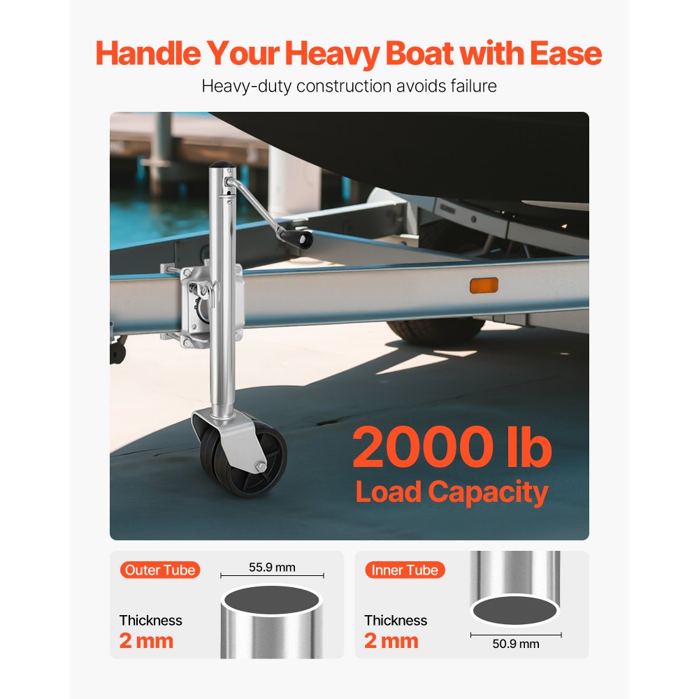 VEVOR Trailer Jack with Wheel, 907 kg Load Capacity, Heavy Duty Swivel Boat Trailer Jack with PP Dual Wheel & Ergonomic Handle, 381-685 mm Lift Range, Fit for RVs, Boats and Utility Trailers