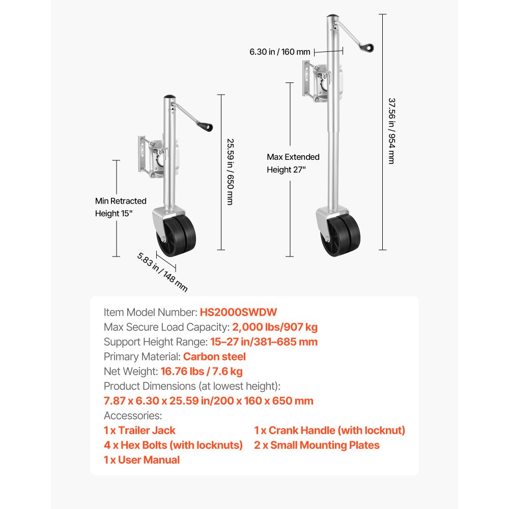 VEVOR steunwiel voor boten, 907 kg draagvermogen, boottrailerkrik met PP dubbel wiel en ergonomische handgreep, hefhoogte van 381 tot 685 mm, neuswiel geschikt voor campers, boten en aanhangwagens.