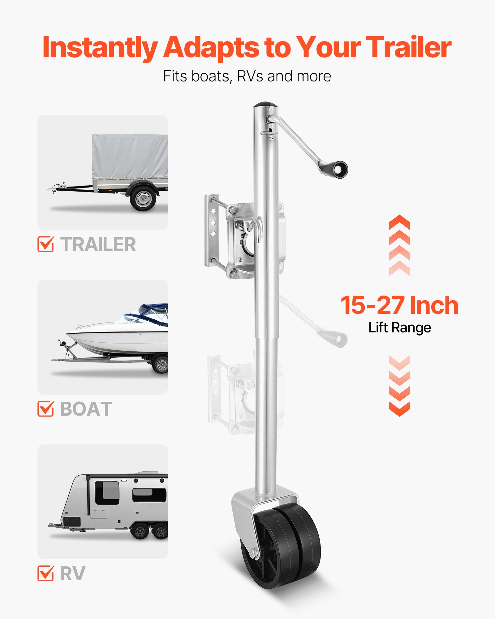 VEVOR steunwiel voor boten, 907 kg draagvermogen, boottrailerkrik met PP dubbel wiel en ergonomische handgreep, hefhoogte van 381 tot 685 mm, neuswiel geschikt voor campers, boten en aanhangwagens.