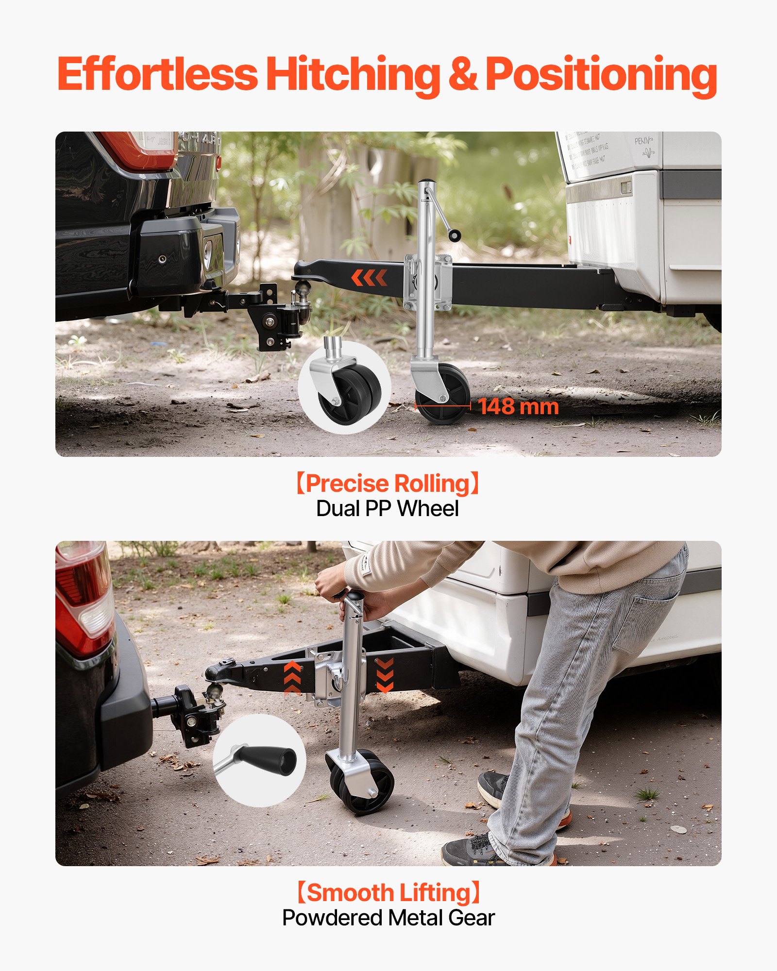 VEVOR steunwiel voor boten, 907 kg draagvermogen, boottrailerkrik met PP dubbel wiel en ergonomische handgreep, hefhoogte van 381 tot 685 mm, neuswiel geschikt voor campers, boten en aanhangwagens.