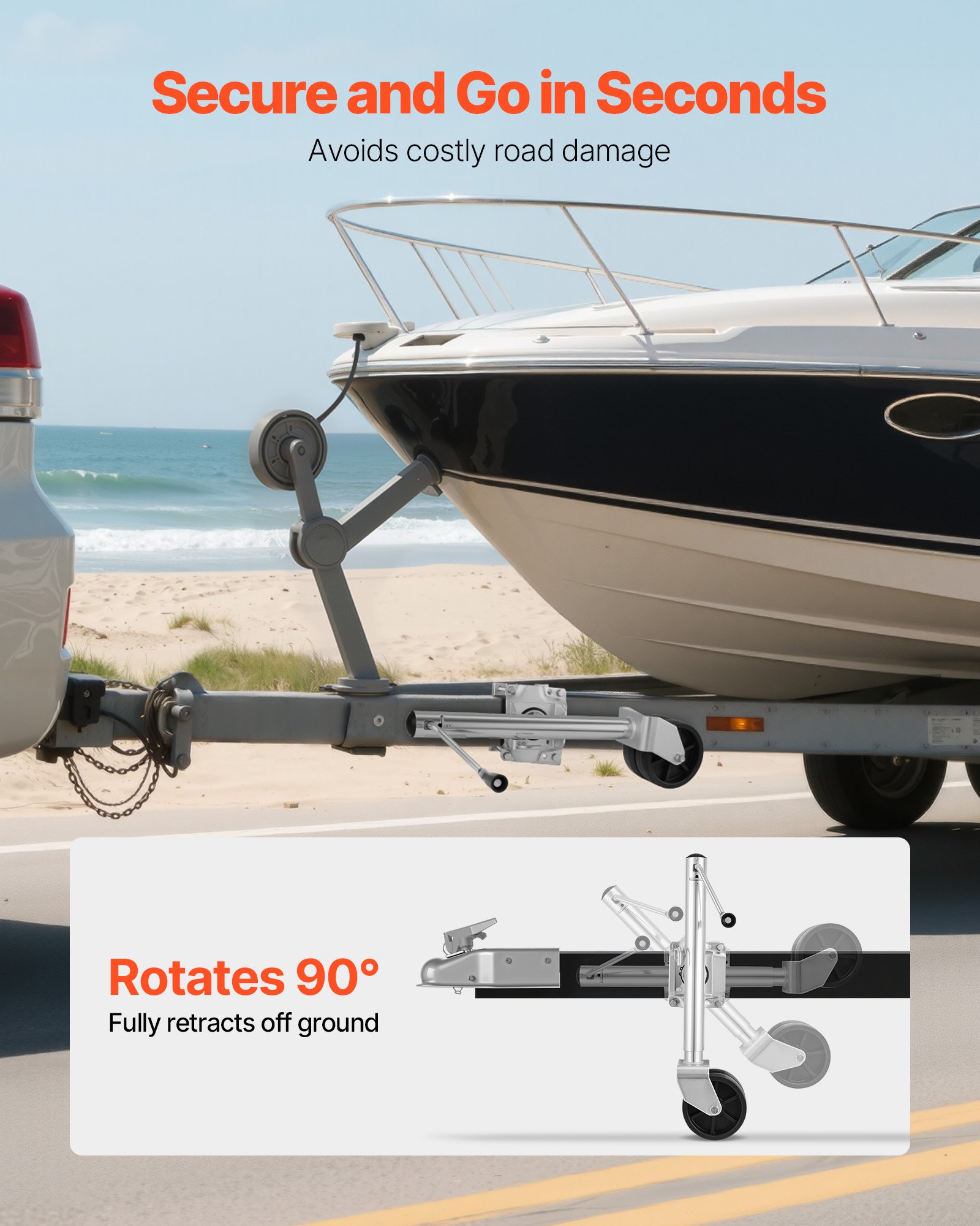 VEVOR steunwiel voor boten, 907 kg draagvermogen, boottrailerkrik met PP dubbel wiel en ergonomische handgreep, hefhoogte van 381 tot 685 mm, neuswiel geschikt voor campers, boten en aanhangwagens.
