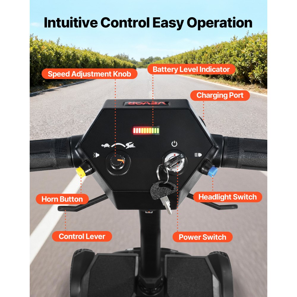 VEVOR 4-wielige opvouwbare elektrische scootmobiel, scootmobiel voor volwassenen en senioren, e-scooter met een actieradius van 15 km, all-terrain reisscooter met een klimvermogen van 9° en een draagvermogen van 120 kg.