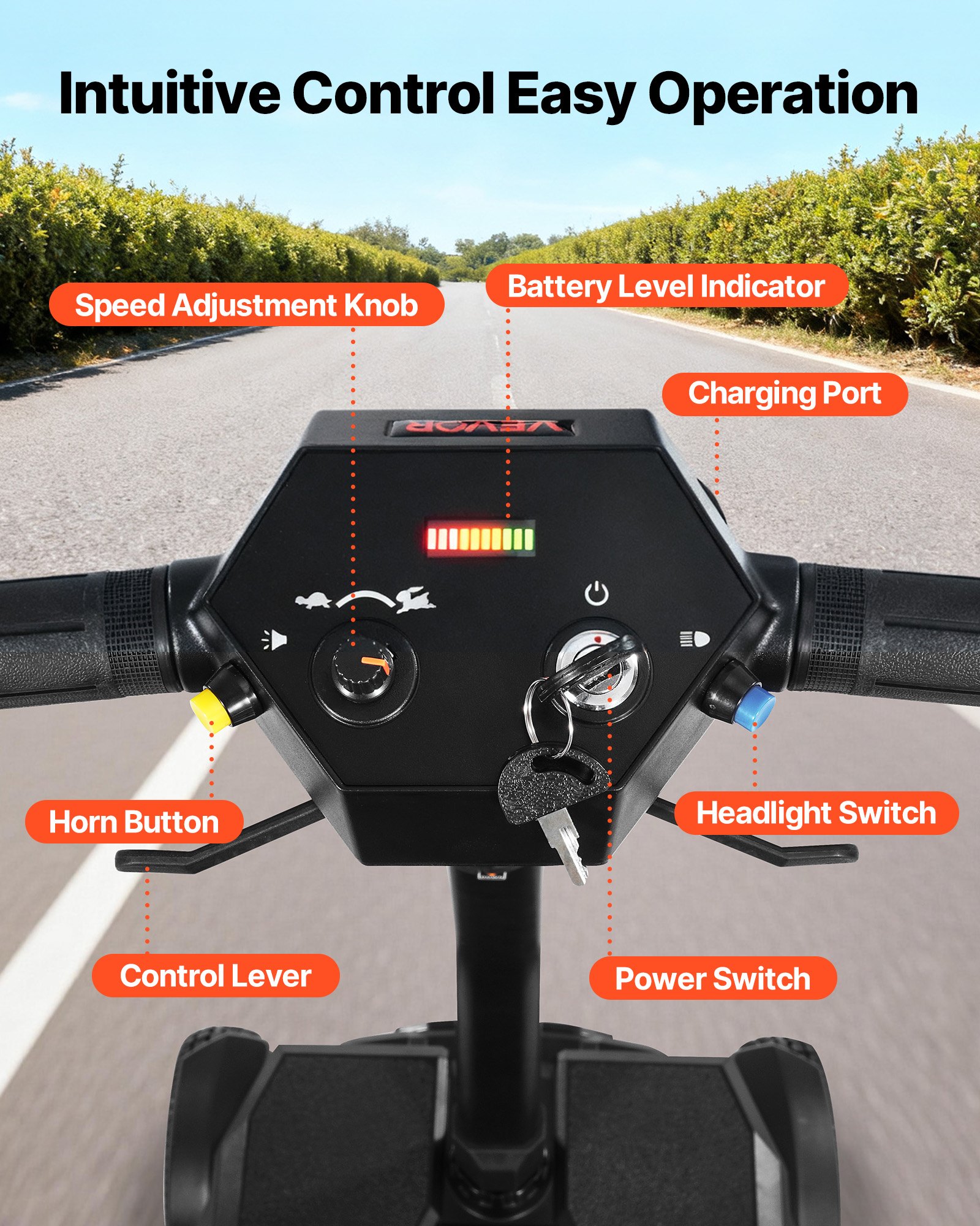VEVOR 4-wielige opvouwbare elektrische scootmobiel, scootmobiel voor volwassenen en senioren, e-scooter met een actieradius van 15 km, all-terrain reisscooter met een klimvermogen van 9° en een draagvermogen van 120 kg.