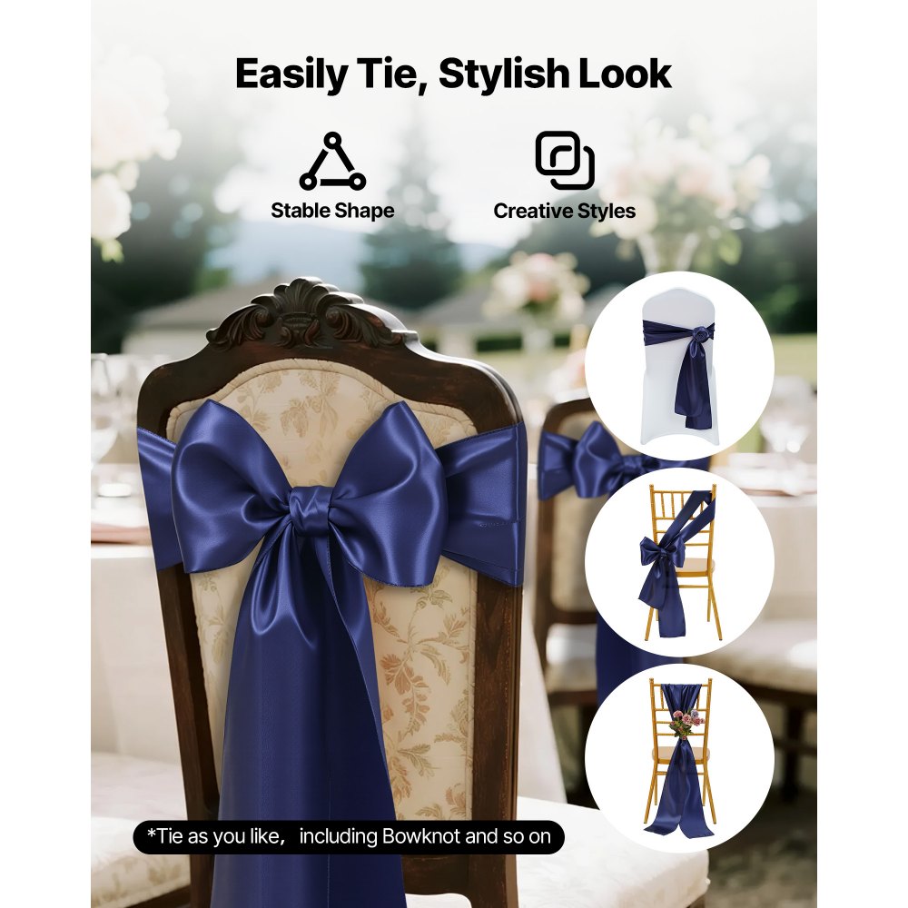 VEVOR Satin Chair Sashes Bows, 50PCS Chair Ribbon Ties Back Sash, 7 x 108 inch, Navy Blue Wedding Reception Decoration, for Wedding Ceremony Baby Shower Party Events Banquet Chair Cover Decoration