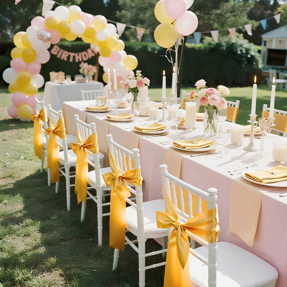 VEVOR Satin Chair Sashes Bows, 50PCS Chair Ribbon Ties Back Sash, 7 x 108 inch, Gold Wedding Reception Decoration, for Wedding Ceremony Baby Shower Party Events Banquet Chair Cover Decoration