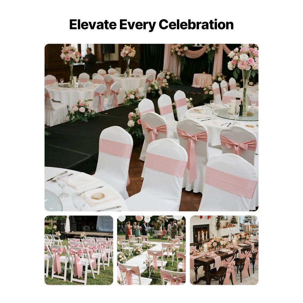VEVOR Satin Chair Sashes Bows, 50PCS Chair Ribbon Ties Back Sash, 7 x 108 inch, Rose Gold Wedding Reception Decoration, for Wedding Ceremony Baby Shower Party Events Banquet Chair Cover Decoration