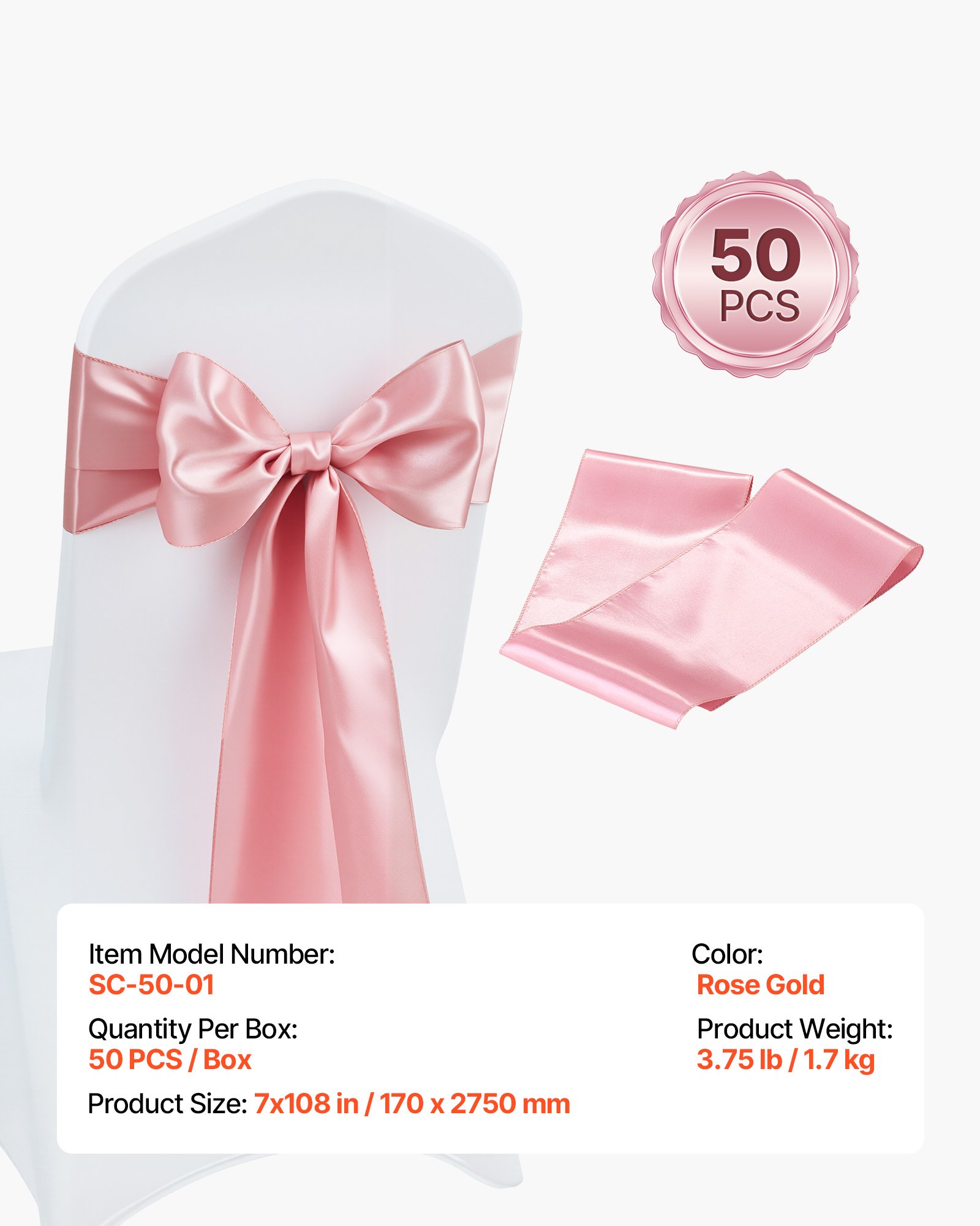 VEVOR Satin Chair Sashes Bows, 50PCS Chair Ribbon Ties Back Sash, 7 x 108 inch, Rose Gold Wedding Reception Decoration, for Wedding Ceremony Baby Shower Party Events Banquet Chair Cover Decoration