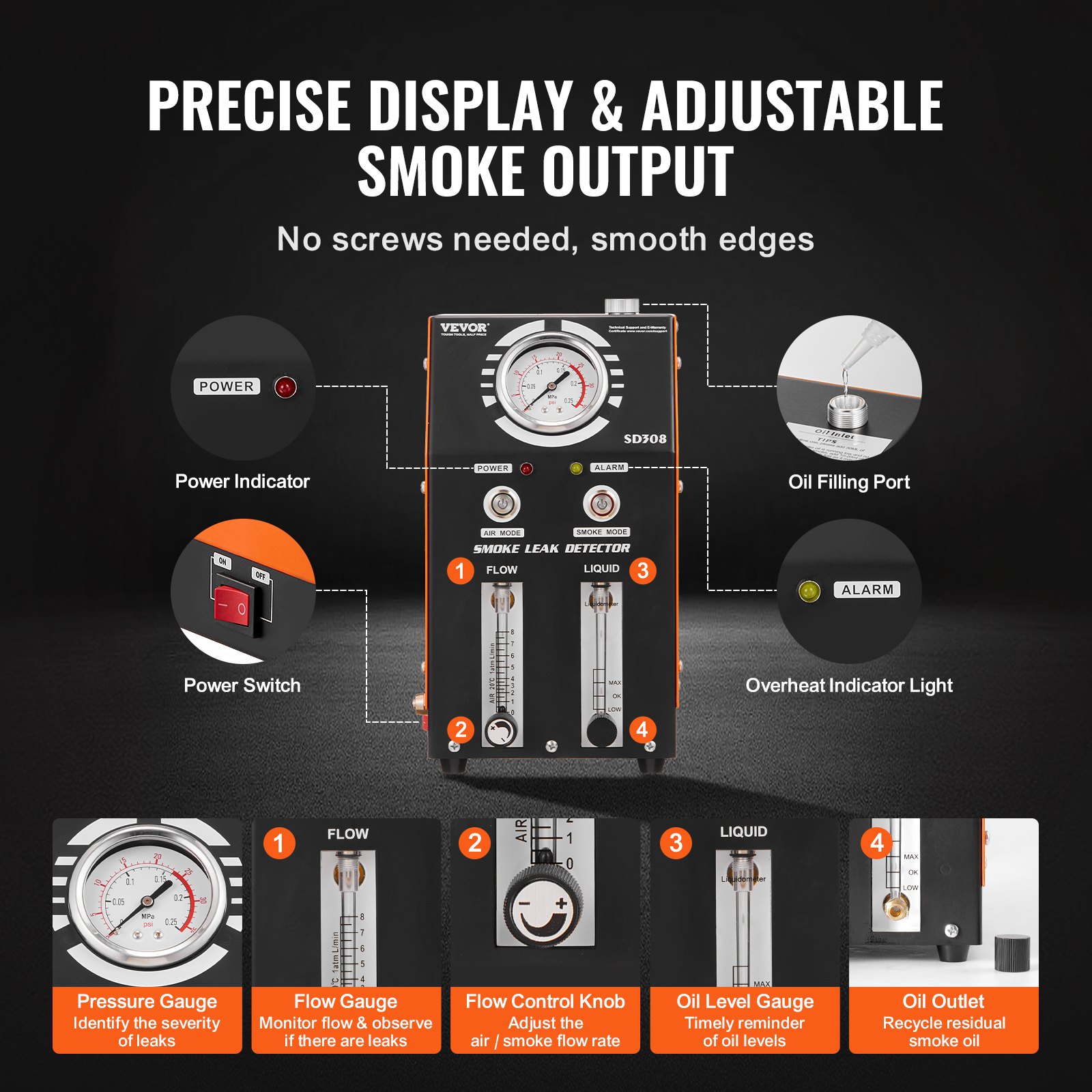 VEVOR Automotive Smoke Machine Leak Detector, EVAP Smoke Machine Leak Tester with Built-in Air Pump, Pressure Gauge, Oil Level & Flow Meter, 2-Mode Vacuum Diagnostic Detector for EVAP Fuel Pipe System