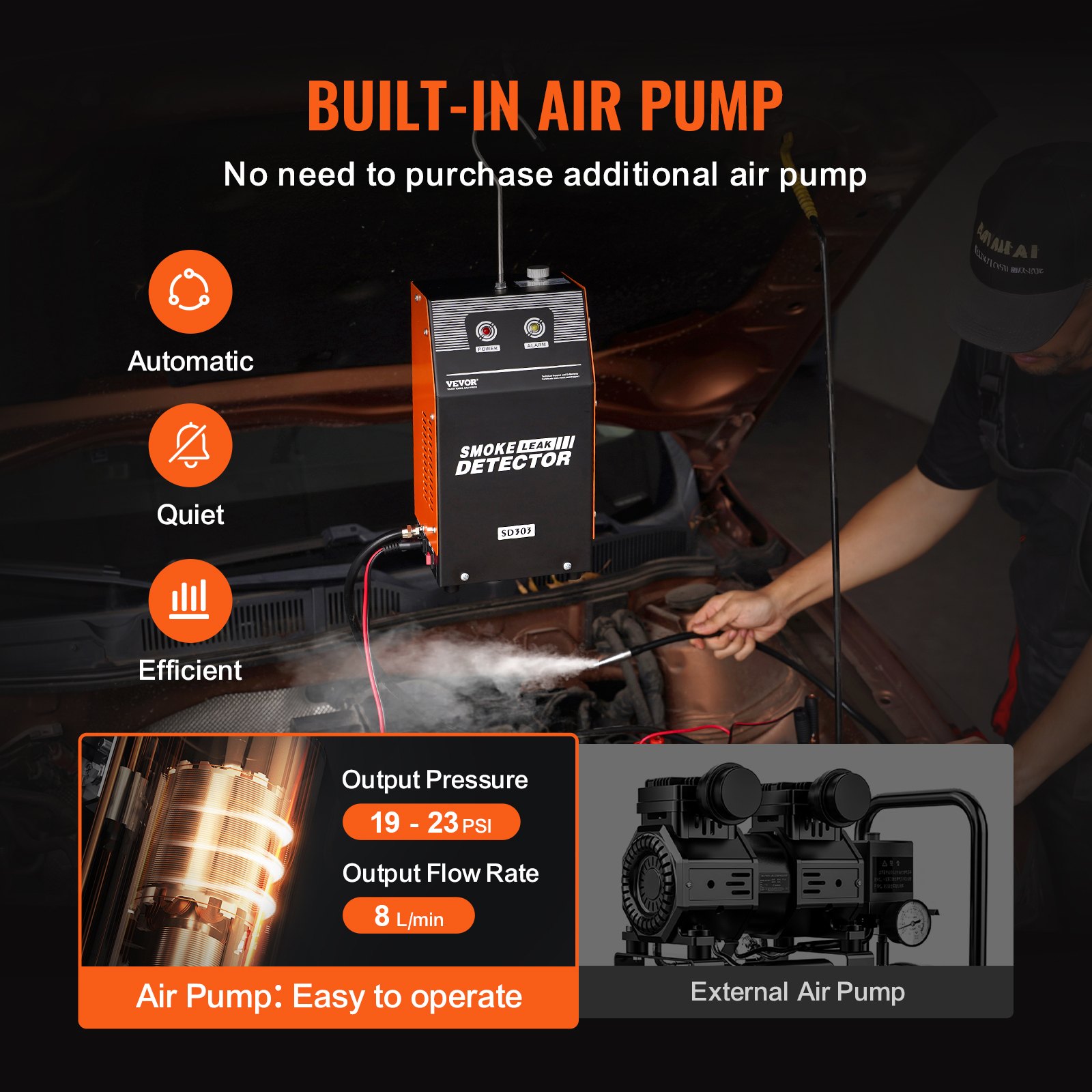 VEVOR Auto Rookmachine, Lekdetector Rookmachine 8 L/min, Luchtmodus en Rookmodus voor Auto Rookmachine Twee Modellen, Lekdetector met Luchtpompen, Lekdetector voor Rookmachines Vrijstaand