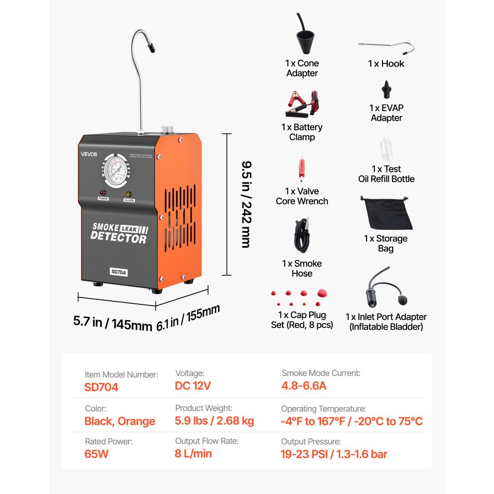 VEVOR EVAP rookmachine voor auto's, 12V DC, rookgenerator met luchtpomp en manometer, lekdetector voor auto's, motoren en vrachtwagens, diagnoseapparaat voor lekdetectie, 1,3–1,6 bar, rookmachine, lektestapparaat