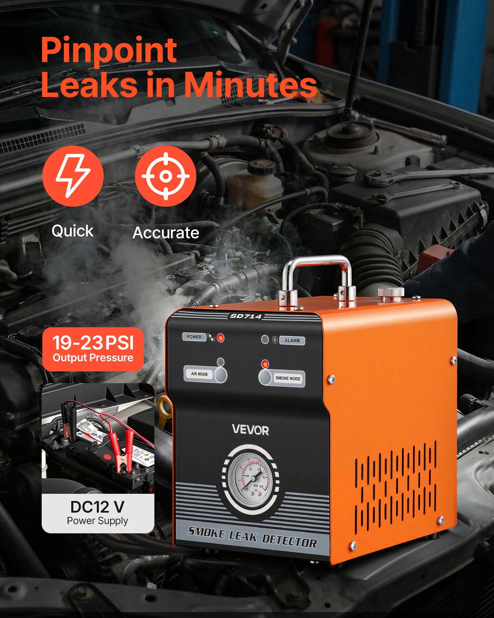 VEVOR Automotive Lekdetector Rookgenerator 12V EVAP-tester Luchtpomp Auto, Rookdiagnoseapparaat met drukmeter, Dual-Mode Vacuüm Diagnoseapparaat, Brandstofleidingdetector voor Motorfietsen, Vrachtwagens, Boten, ATV's en Auto's