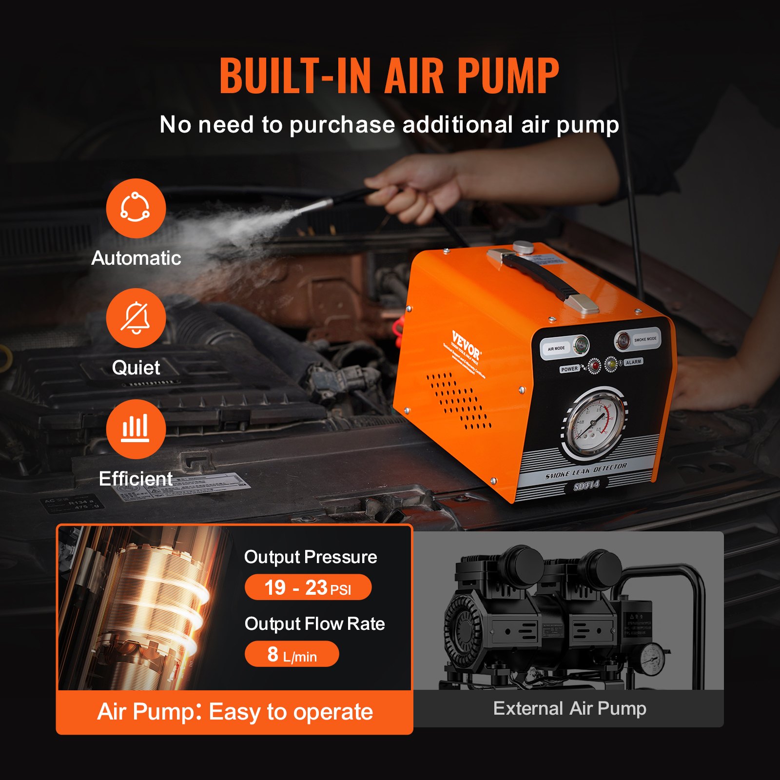 VEVOR Automotive Smoke Machine Leak Detector, EVAP Smoke Machine Leak Tester with Built-in Air Pump & Pressure Gauge, Dual-Mode Diagnostic Leak Detector for Vacuum, Fuel, Pipeline System Testing