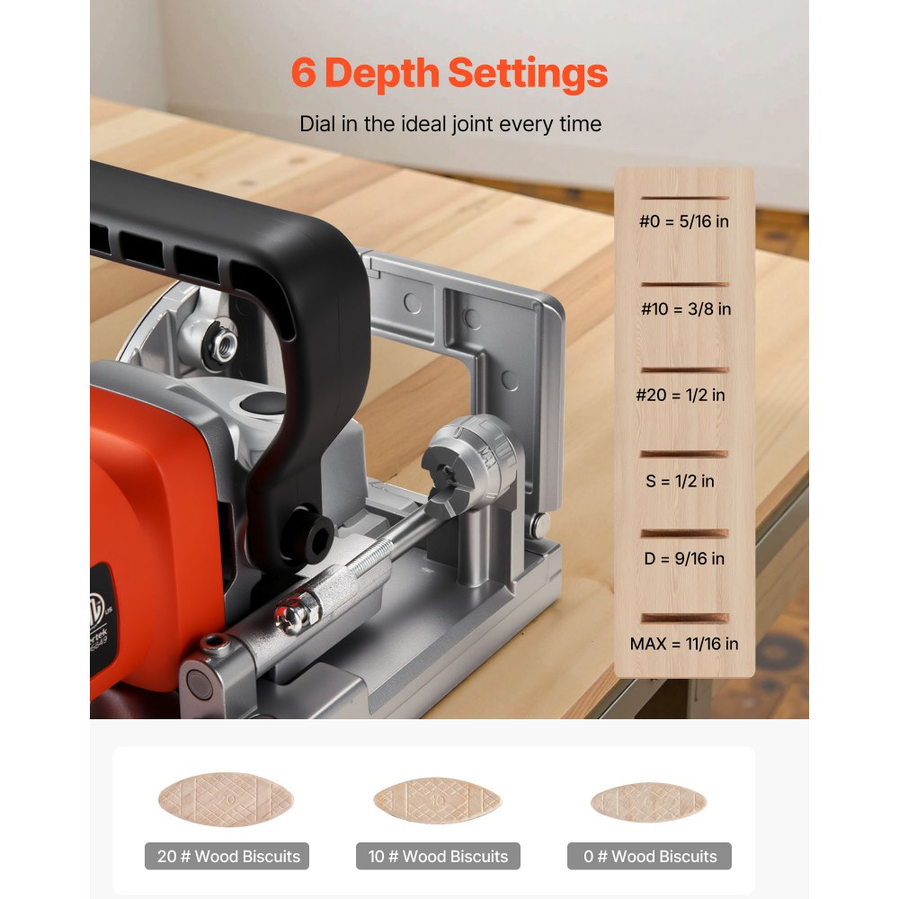 VEVOR Biscuit Plate Joiner, 5.9A, Plate Joiner Tool Kit with 11,600 RPM 760W Motor, 45-Degree Locating Notch, Carbide Tipped Blade, Wood Biscuits, Dust Bag, Adjustable Angle & Depth, for Woodworking