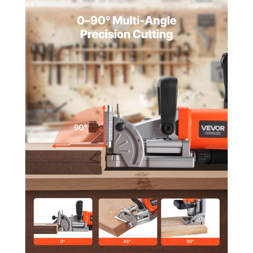 VEVOR Accu-lamellenfreesmachine, 5,9 A, groeffreesmachine met 11.600 tpm 760 W motor, 45 graden positioneringsinkeping, hardmetalen zaagblad, stofzak, verstelbare hoek en diepte, voor houtbewerking