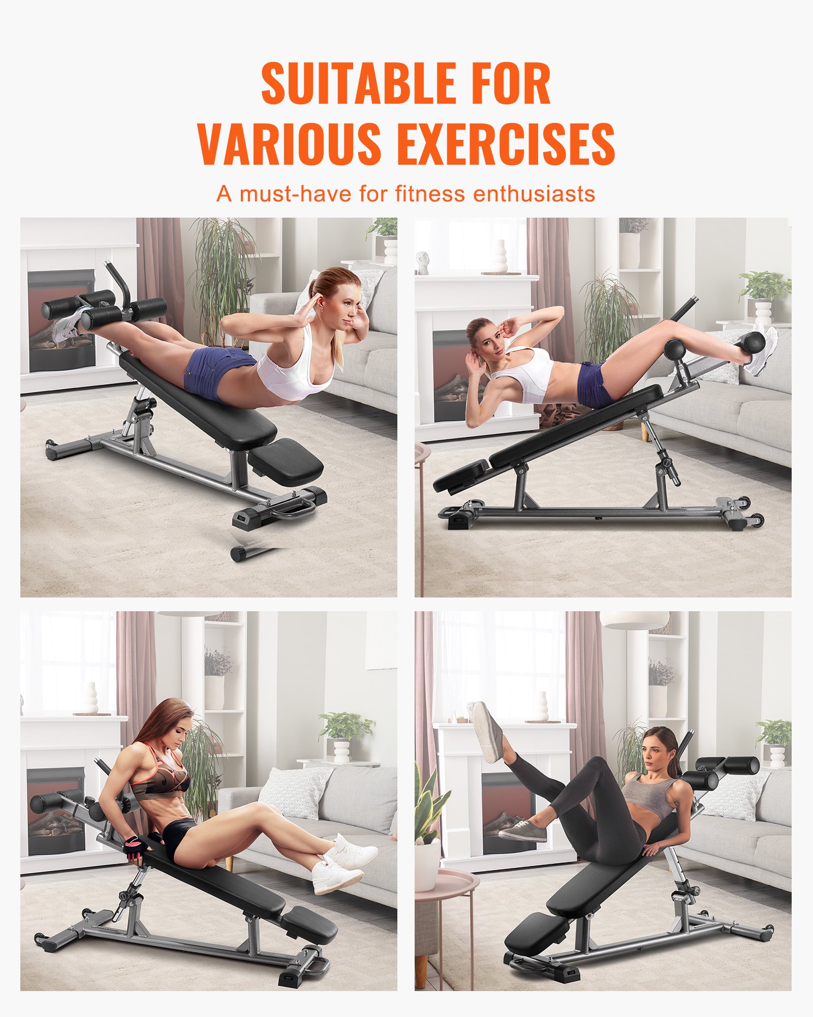VEVOR Sit Up Bench Buikspierbank 4-niveaus Hoogteverstelbaar (1630 x 620 x 1055 cm) Rugtrainer (draagvermogen 454 kg) voor thuistraining in de sportschool Krachttraining Volledige lichaamsspiertraining